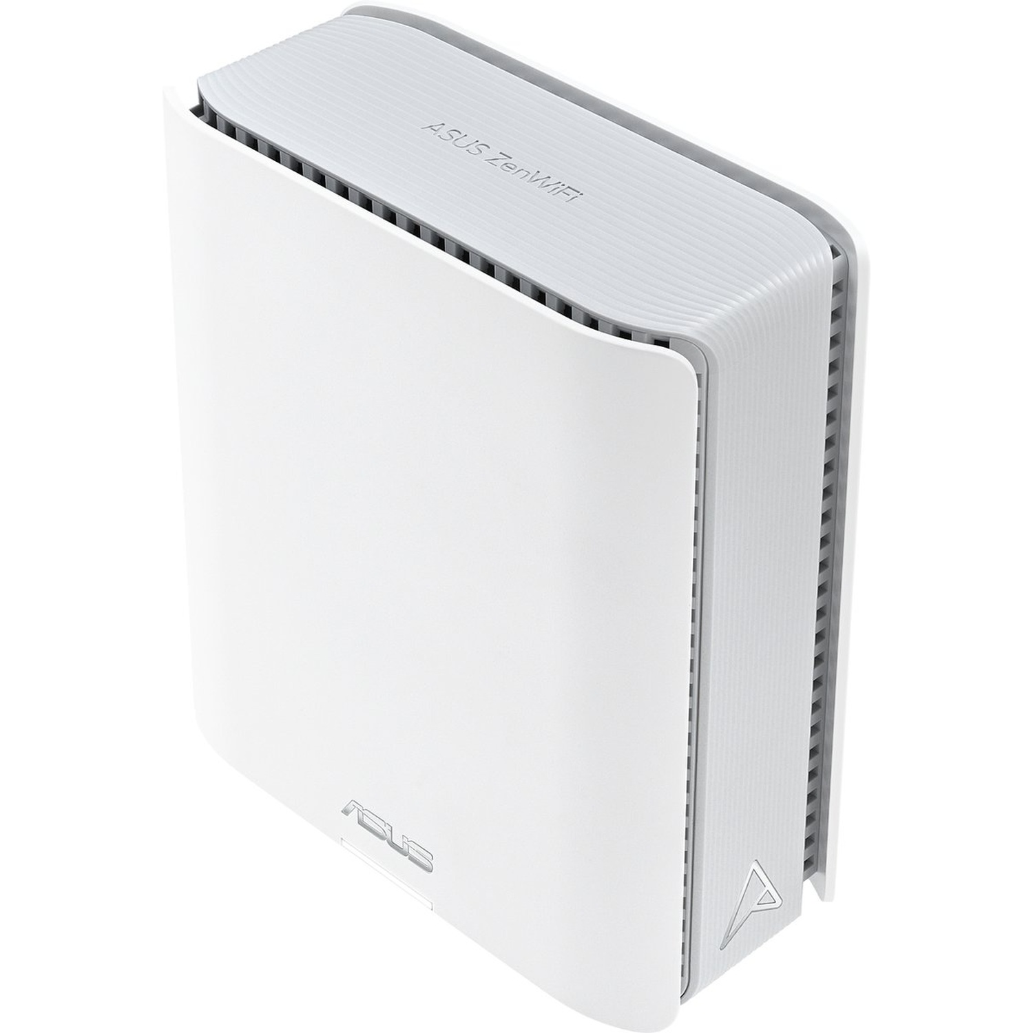Un routeur ASUS ZenWiFi blanc et gris. Il a une forme rectangulaire avec des coins arrondis. Le logo ASUS est sur le devant.