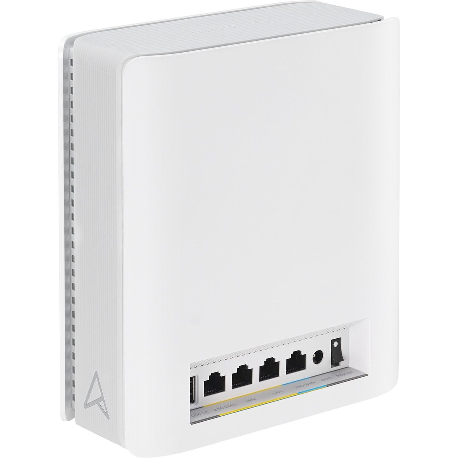 Un routeur blanc avec un dessus argenté est présenté. Il possède plusieurs ports à l'arrière, dont USB, LAN et alimentation.