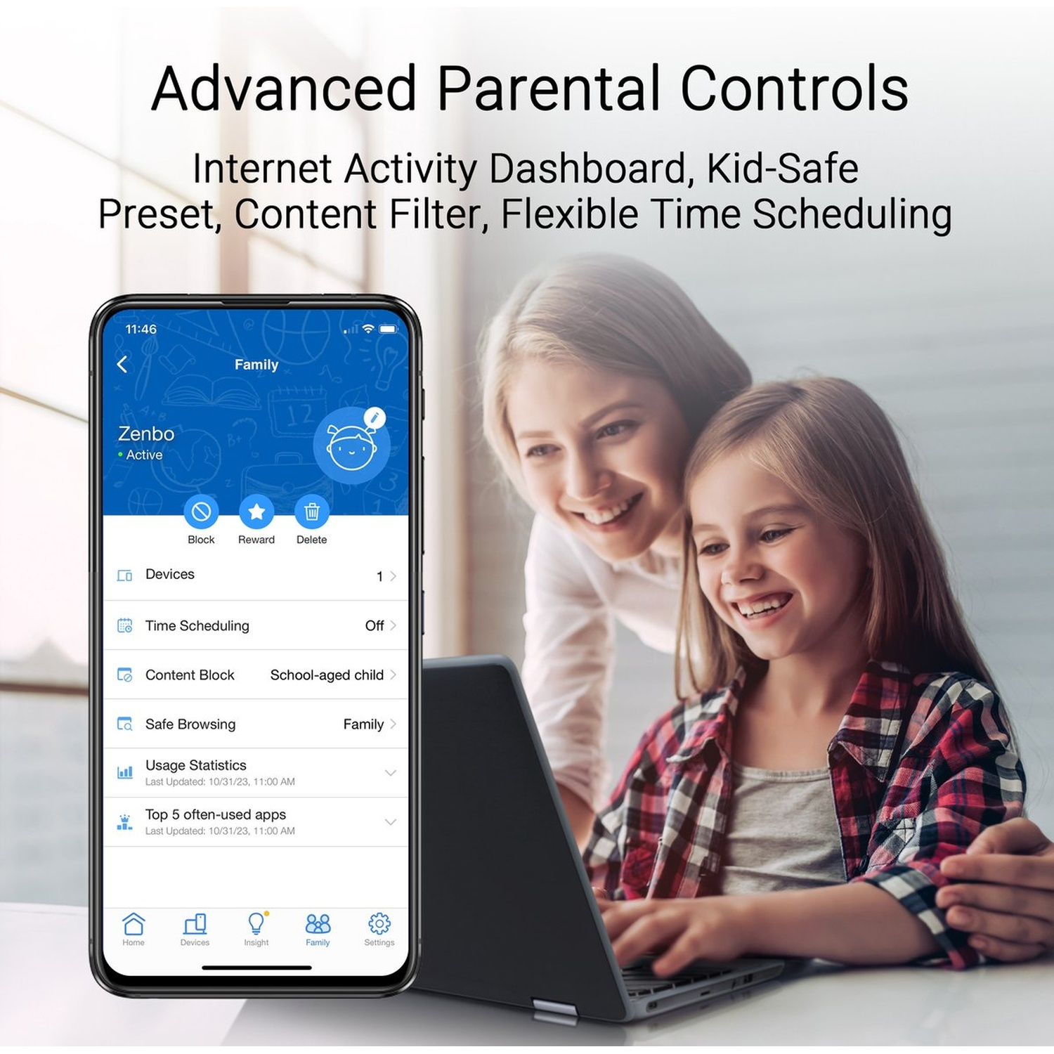 Une femme et un enfant regardent un ordinateur portable. L'écran affiche une application de contrôle parental. Le texte en haut dit Contrôle parental avancé.