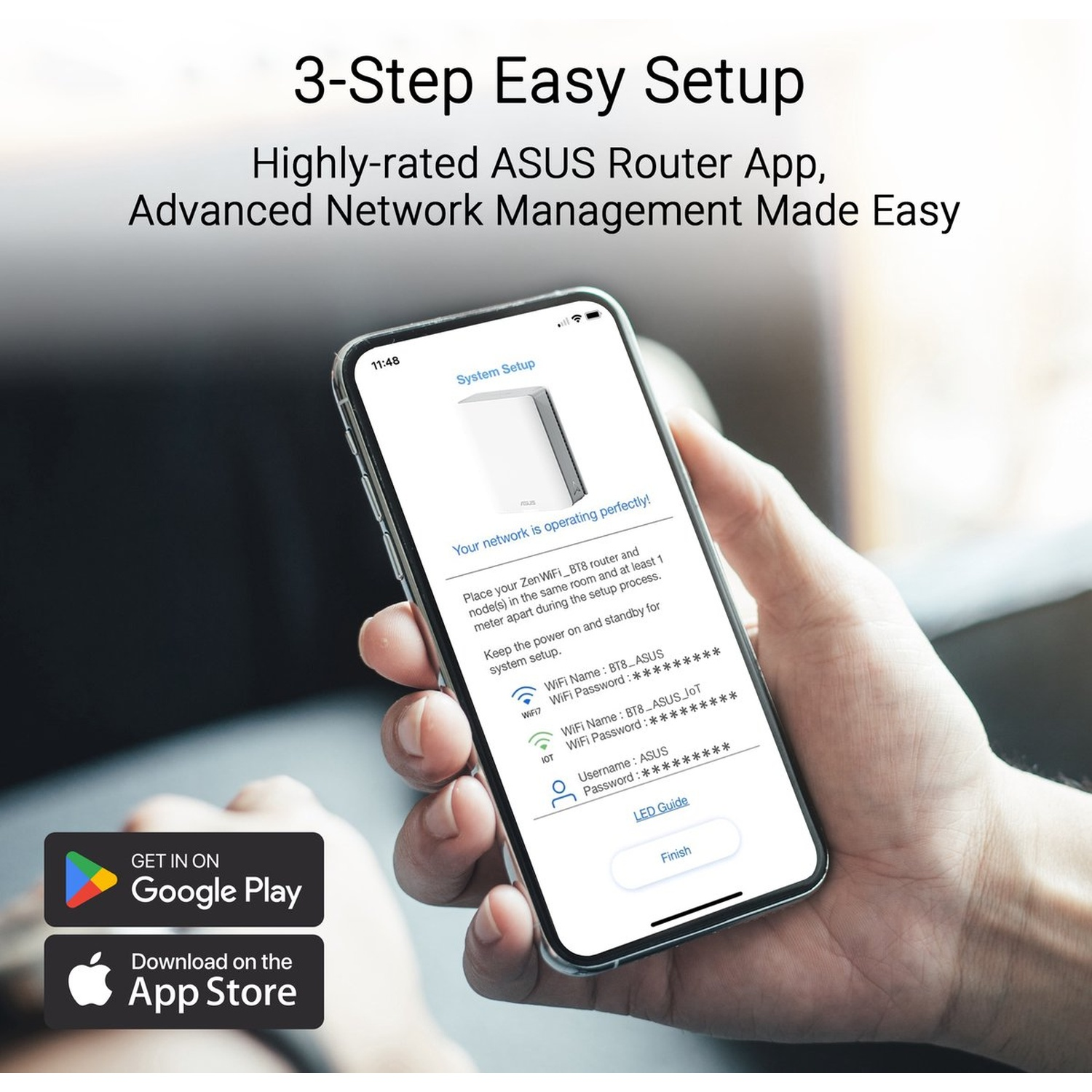Une main tenant un téléphone affichant les instructions de configuration du routeur ASUS. Le téléphone affiche les paramètres WiFi et invite à configurer.