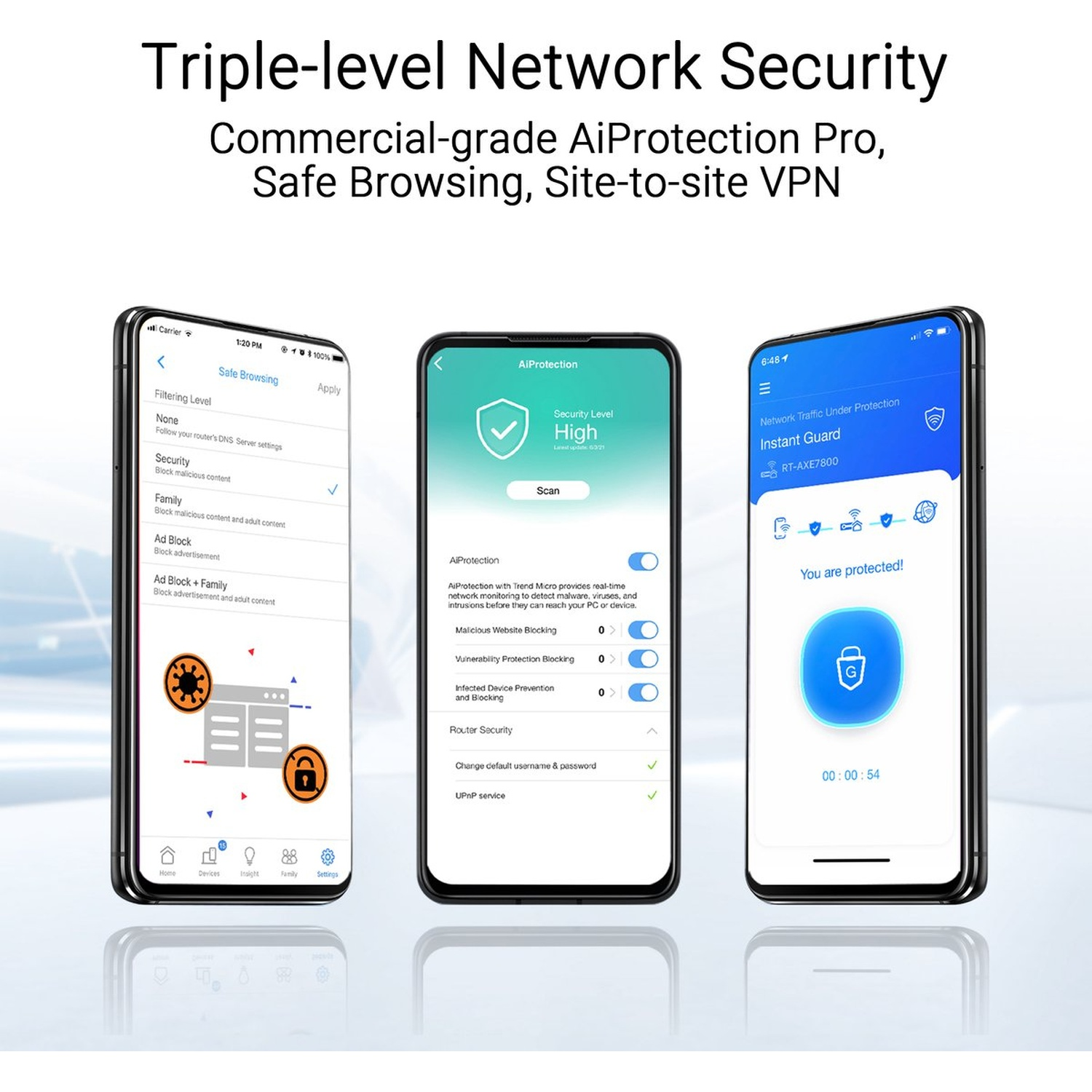 Trois smartphones affichant des fonctions de sécurité réseau. Les écrans montrent les paramètres, les résultats de l'analyse et l'état de la protection.