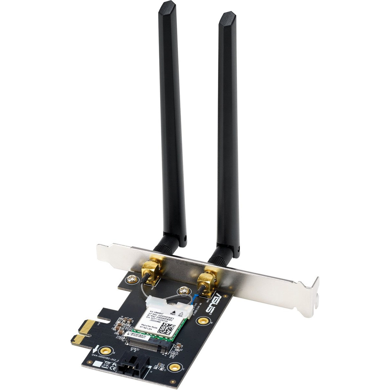 Un composant informatique noir et argenté avec deux antennes. Le composant a une carte de circuit imprimé et un support métallique. Logo ASUS visible.