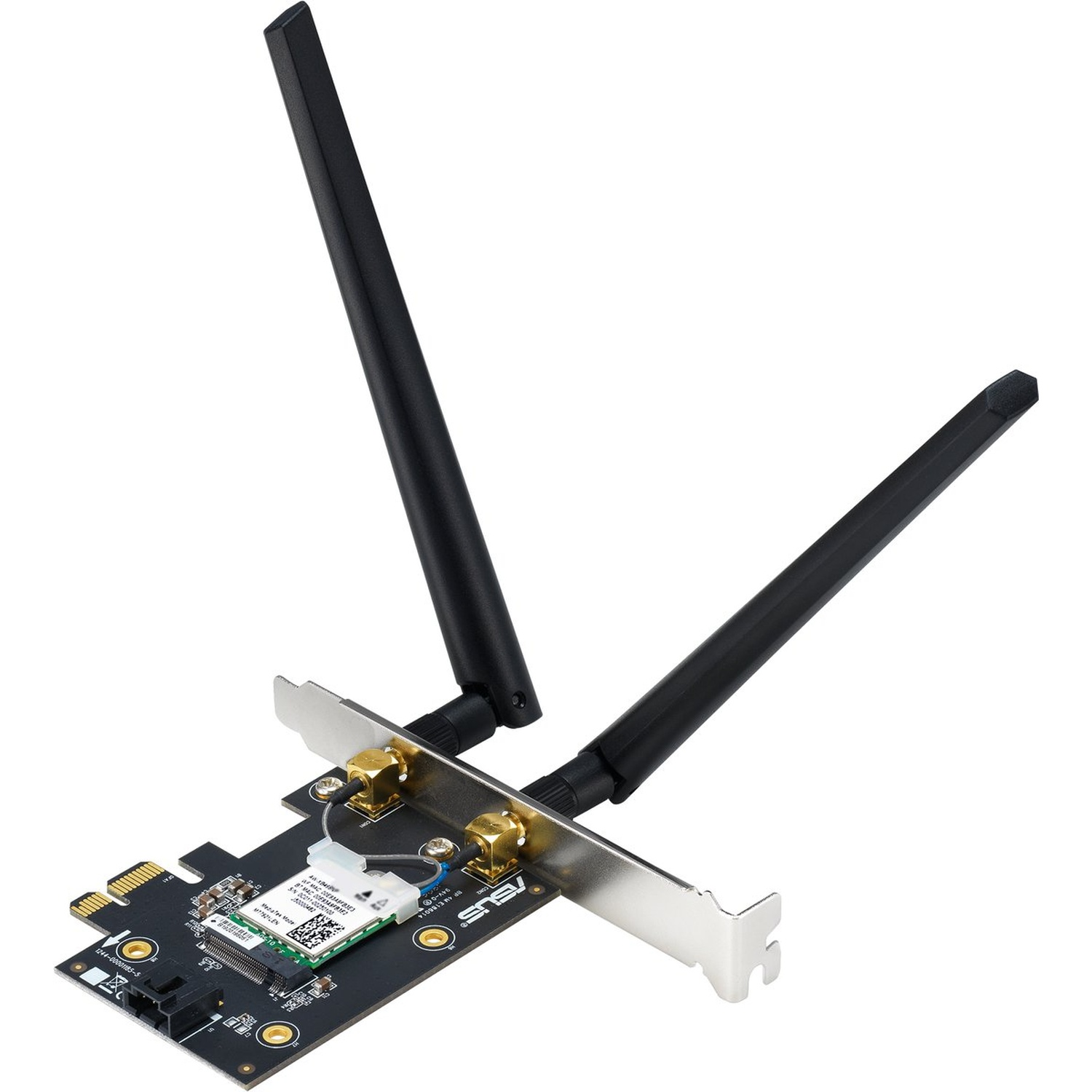 Une carte Wi-Fi noire et argentée avec deux antennes. La carte possède un circuit imprimé avec divers composants et connecteurs.