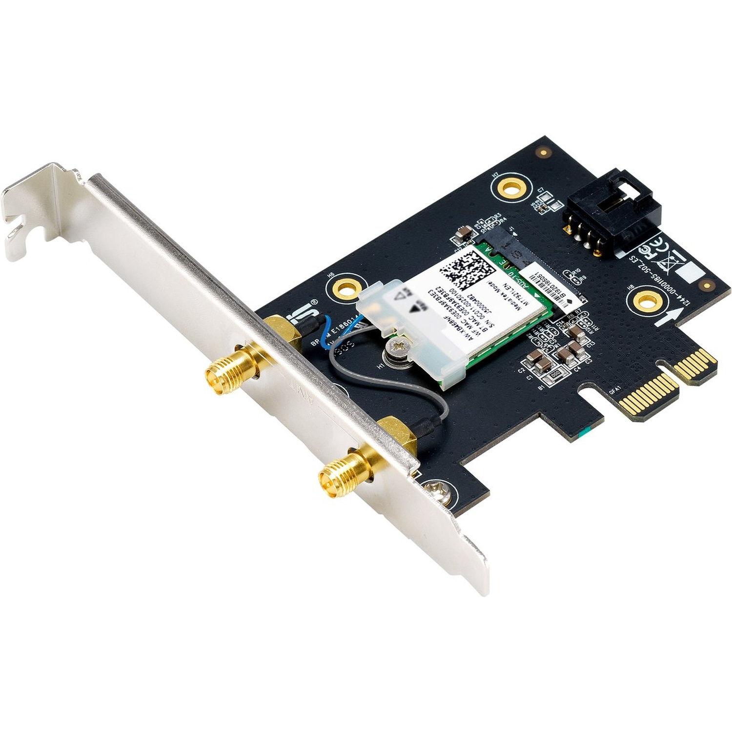 Une carte réseau informatique noire et verte avec des connecteurs dorés et un support argenté.