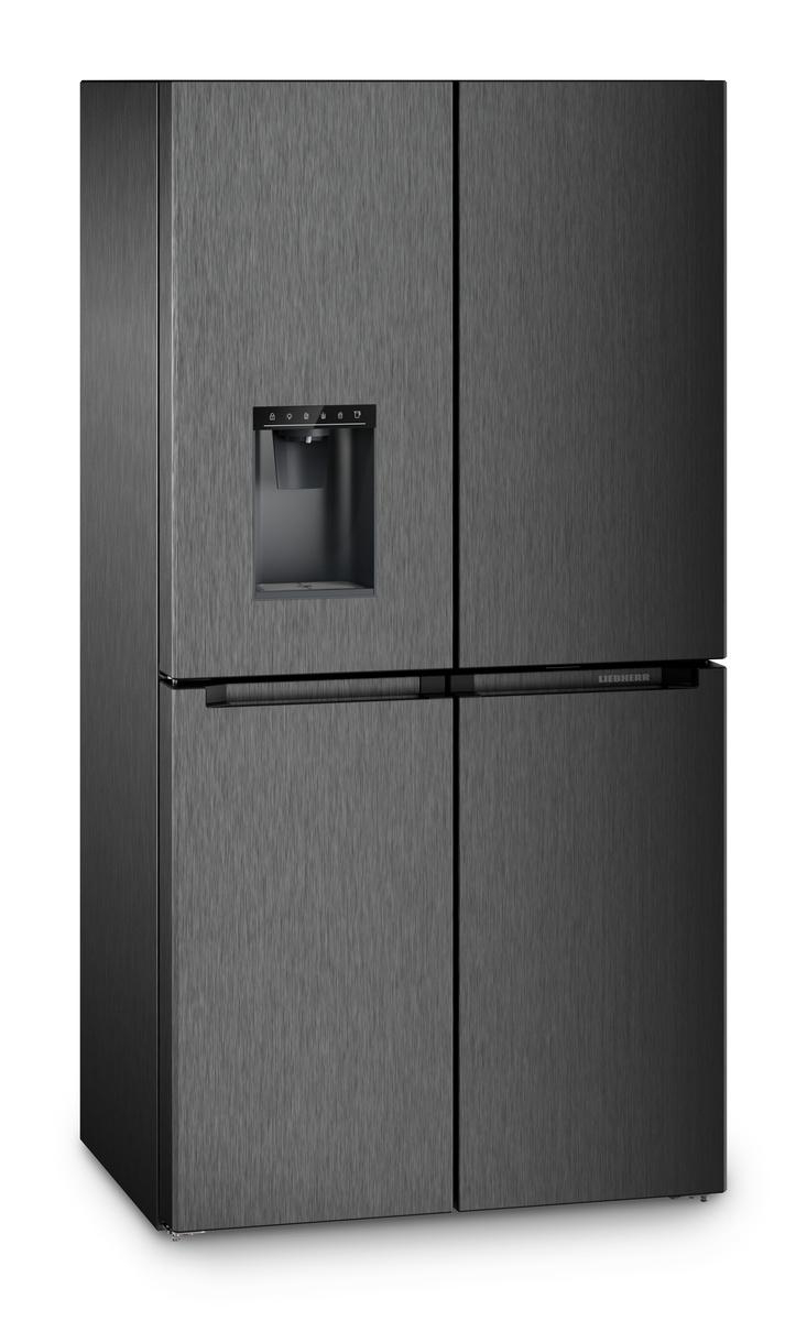 Ein dunkelgrauer Liebherr-Kühlschrank mit vier Türen. Er hat einen Wasserspender und eine gebürstete Metallstruktur.