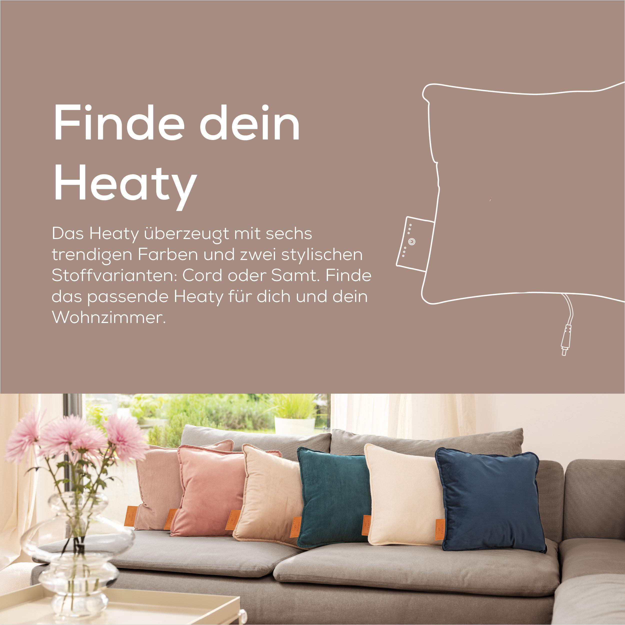 Das Bild zeigt ein Sofa mit bunten Kissen, Blumen in einer Vase und Text: Finde dein Heaty.