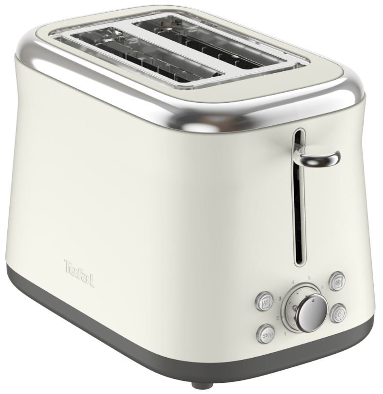 Ein cremefarbener Tefal-Toaster mit Chromakzenten. Er hat zwei Schlitze, einen Hebel und Drehregler für Bräunungsgrad und Funktionen.