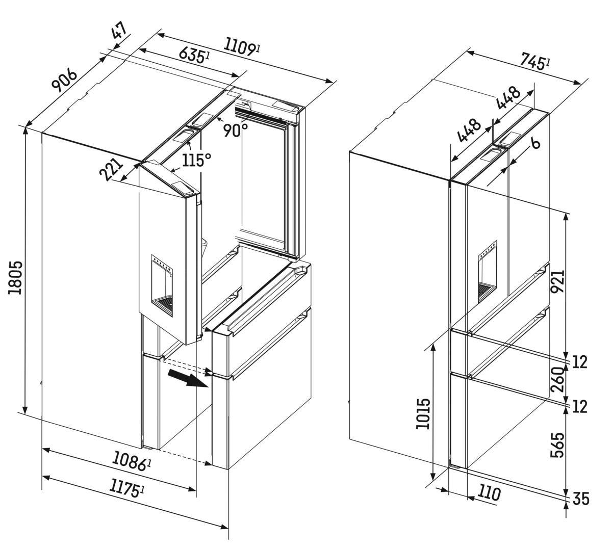 Diagramm eines Kühlschranks mit Bemaßungen in Millimetern. Die Tür ist geöffnet und zeigt das Innere. Seitenansicht mit Maßen.