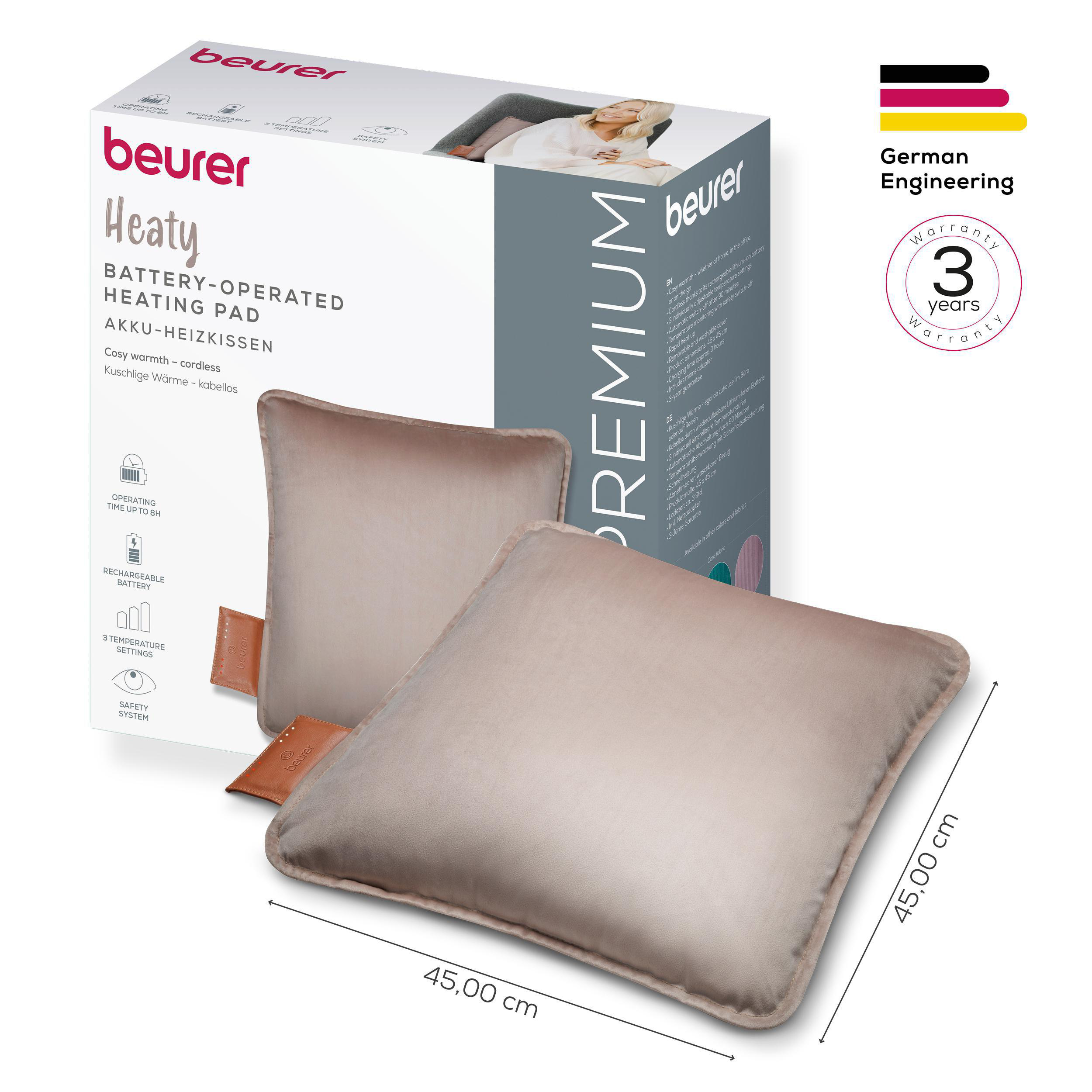 Ein Heizkissen mit Box, Produktdetails und Garantiesiegel sind sichtbar. Zwei Kissen werden gezeigt.