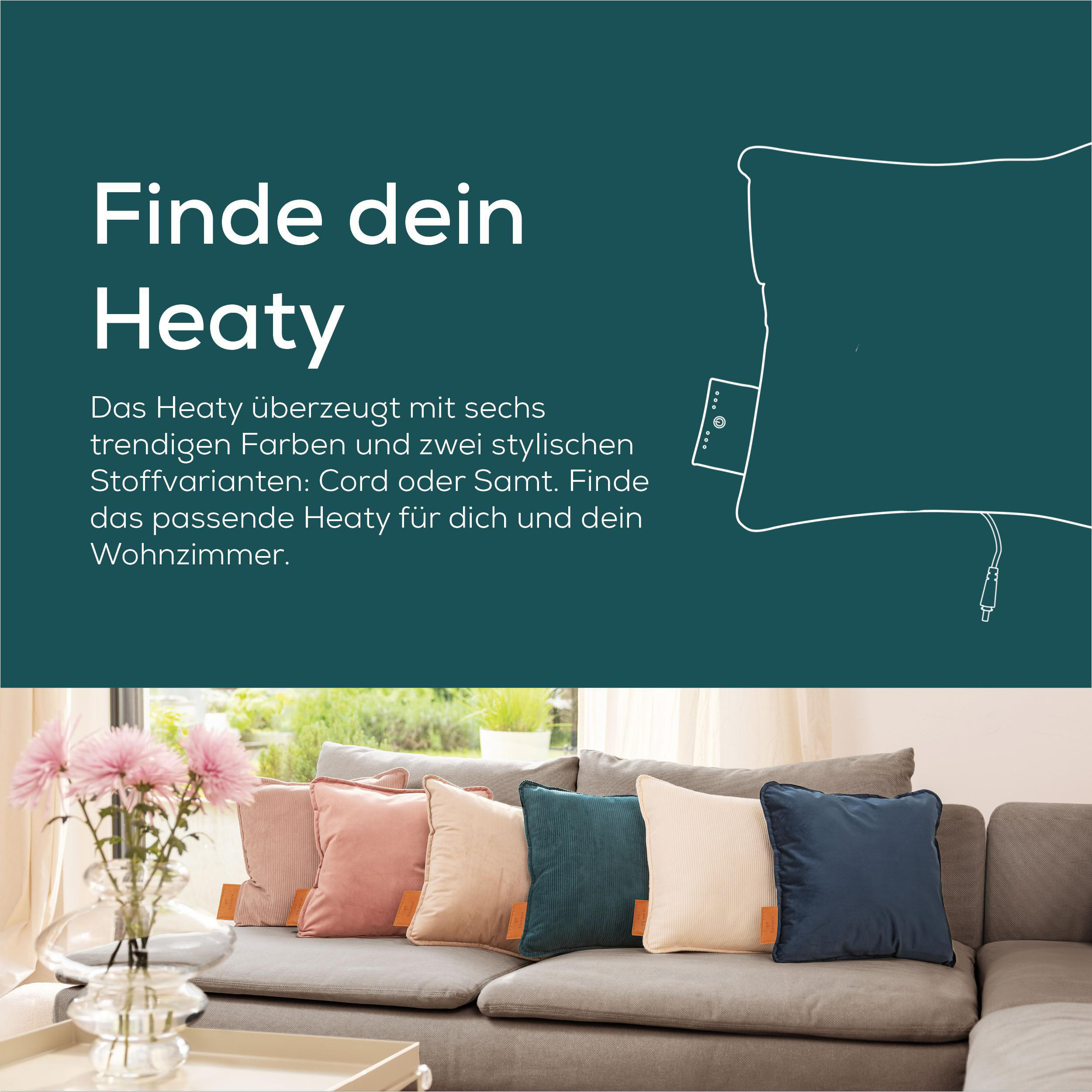 Das Bild zeigt ein Sofa mit bunten Kissen. Der Text lautet 'Finde dein Heaty'. Eine Vase mit Blumen steht auf einem Tisch.