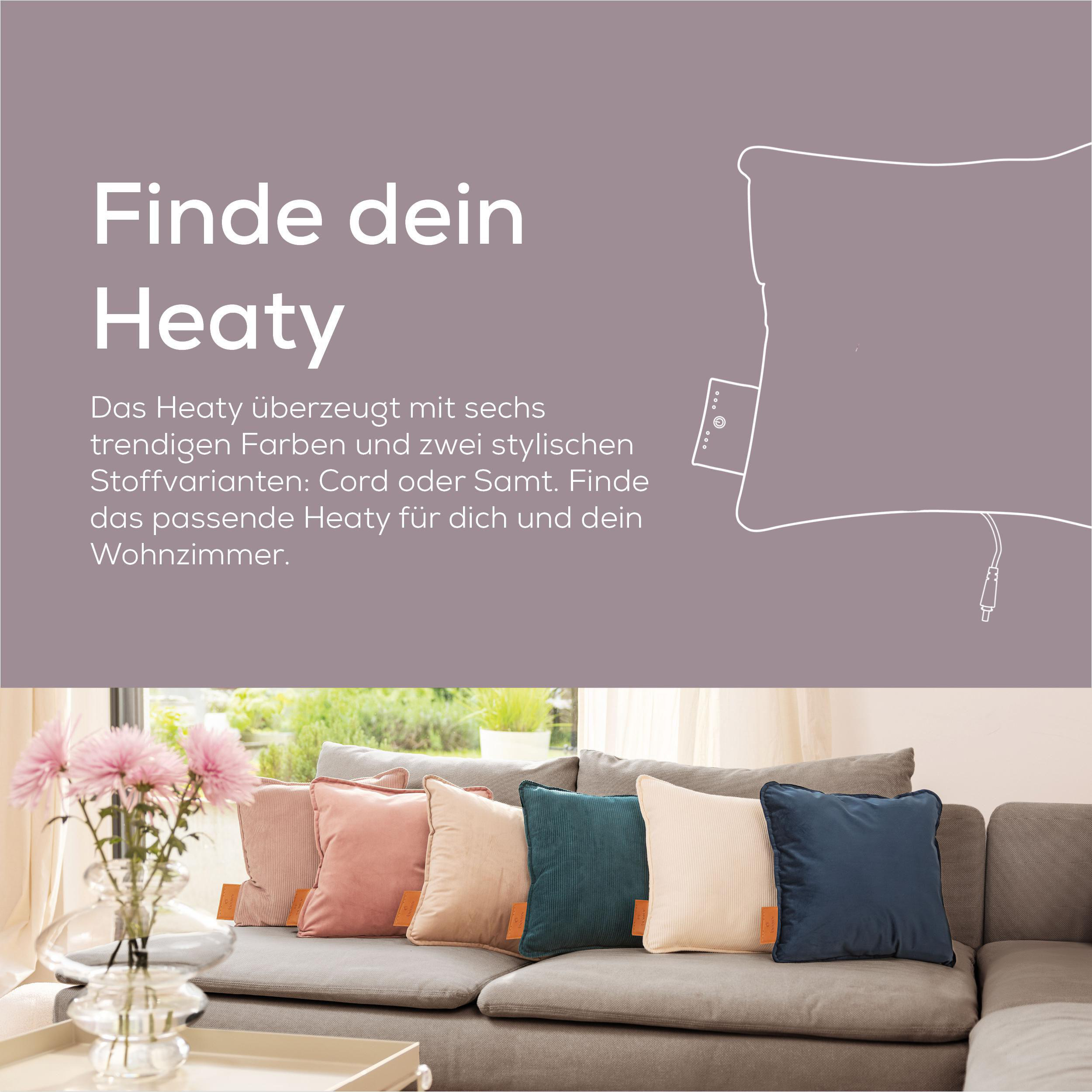 Das Bild zeigt Kissen in verschiedenen Farben auf einem Sofa. Der Text lautet 'Finde dein Heaty' und beschreibt das Produkt.