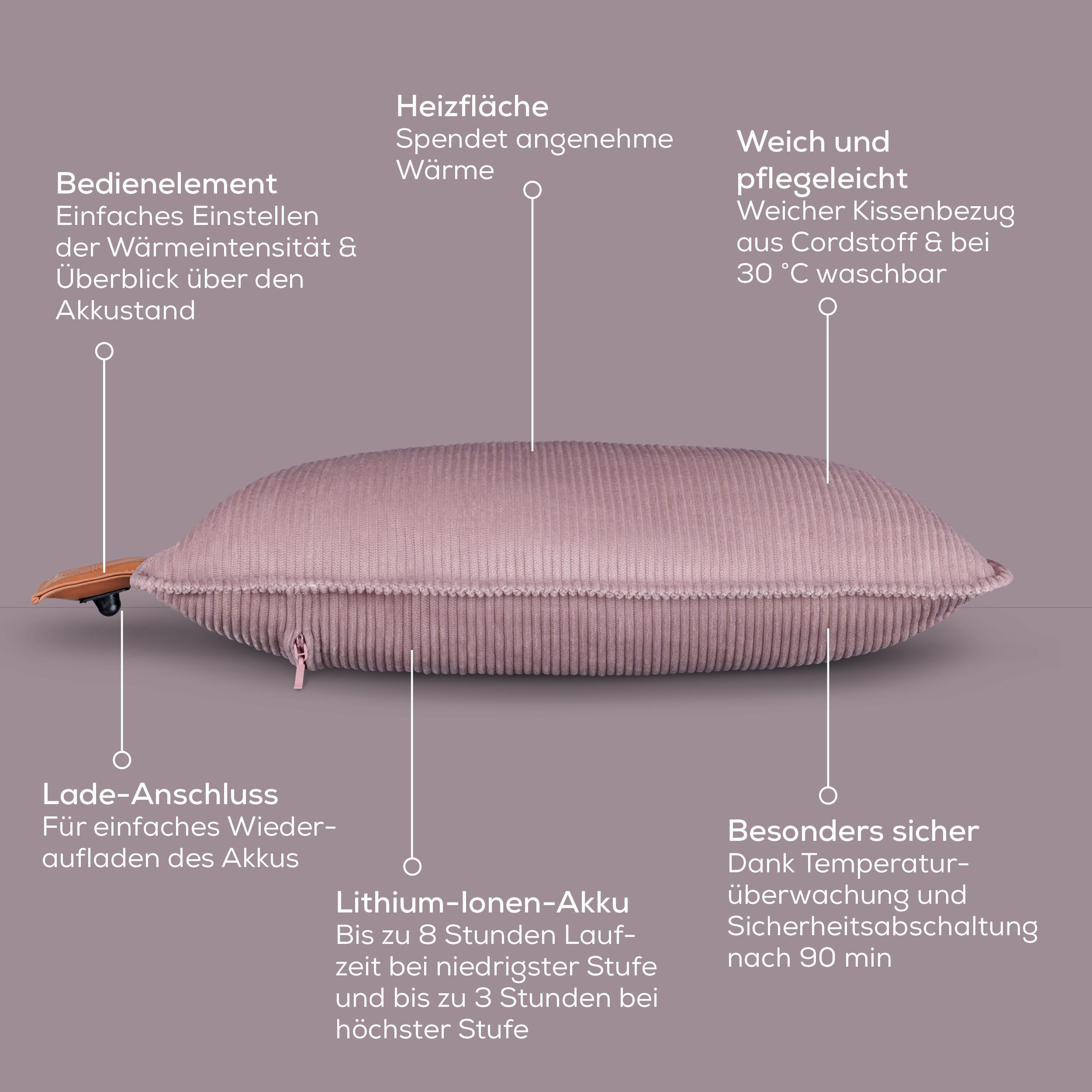Ein pinkfarbenes Kissen aus Cordstoff mit Etiketten, die Funktionen wie Ladegerät und Akkulaufzeit angeben.