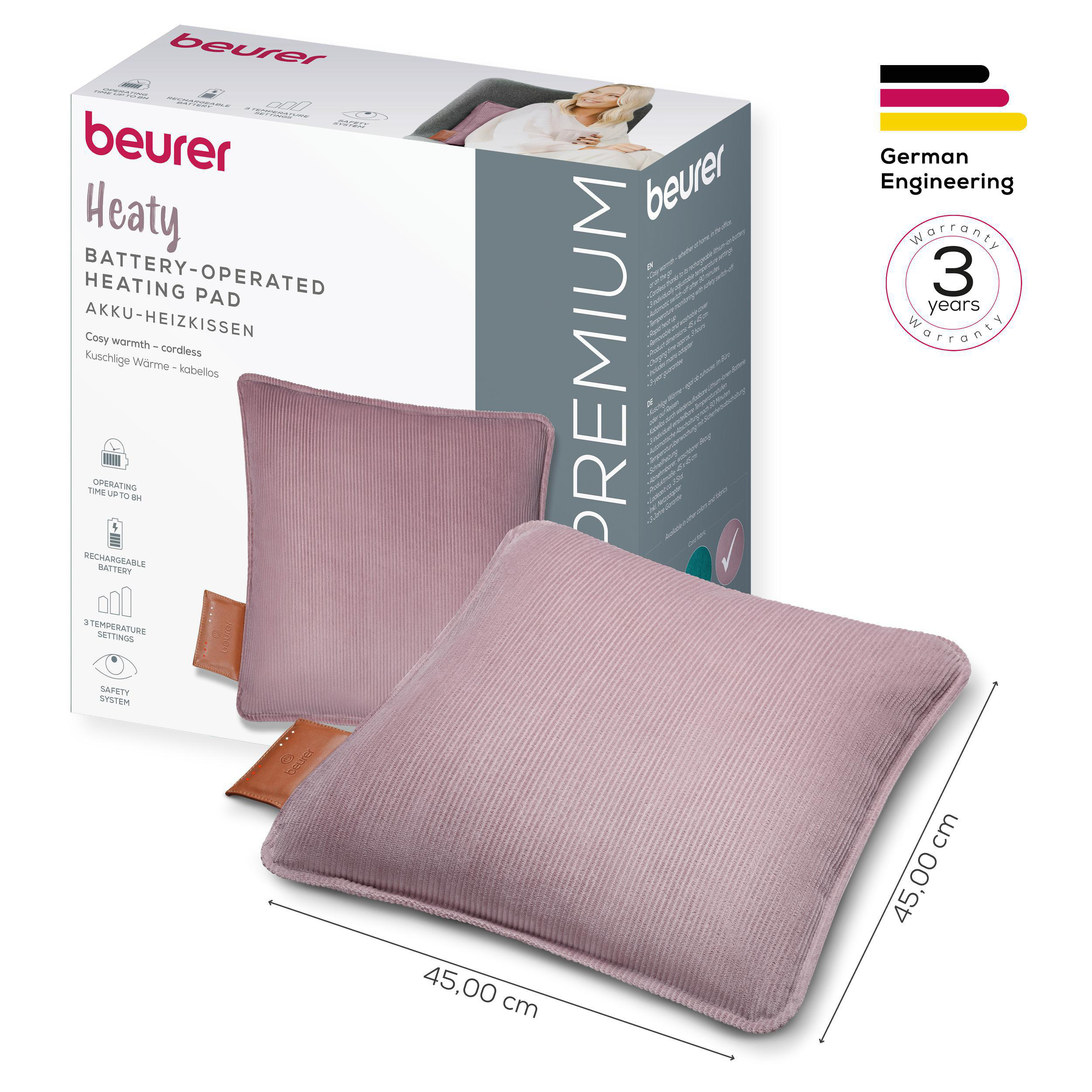Zwei rosa Cord-Heizkissen, Produktverpackung mit Text und eine deutsche Ingenieursgarantie.