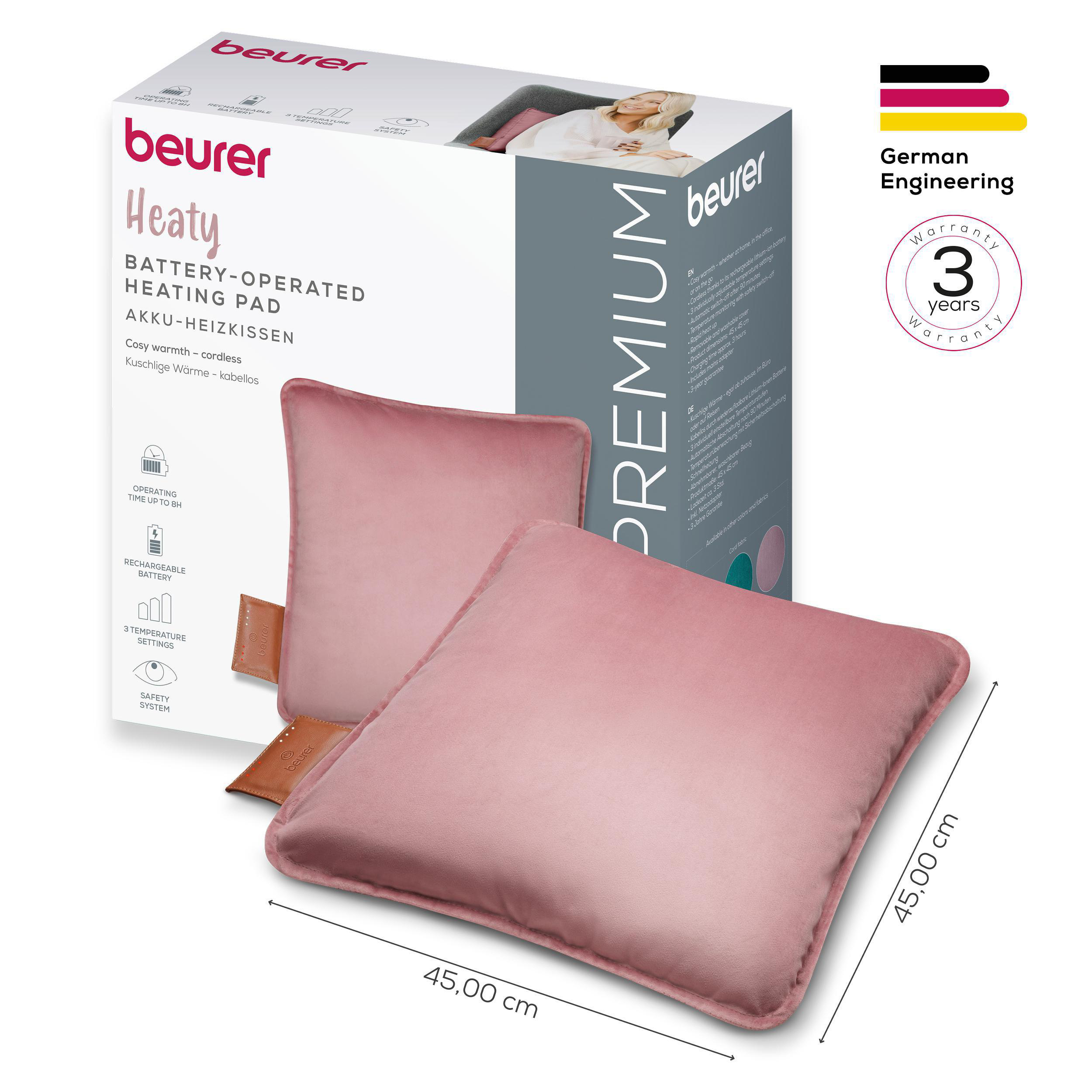 Rosa Heizkissen, Produktbox mit Details, Text zu deutscher Technik und 3 Jahre Garantie.