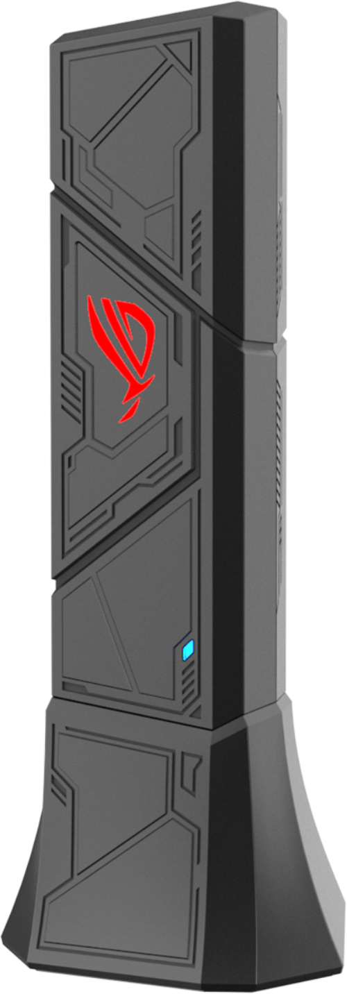 Un dispositivo di gioco ROG nero con logo rosso. Ha un design futuristico, una luce blu e forme geometriche.