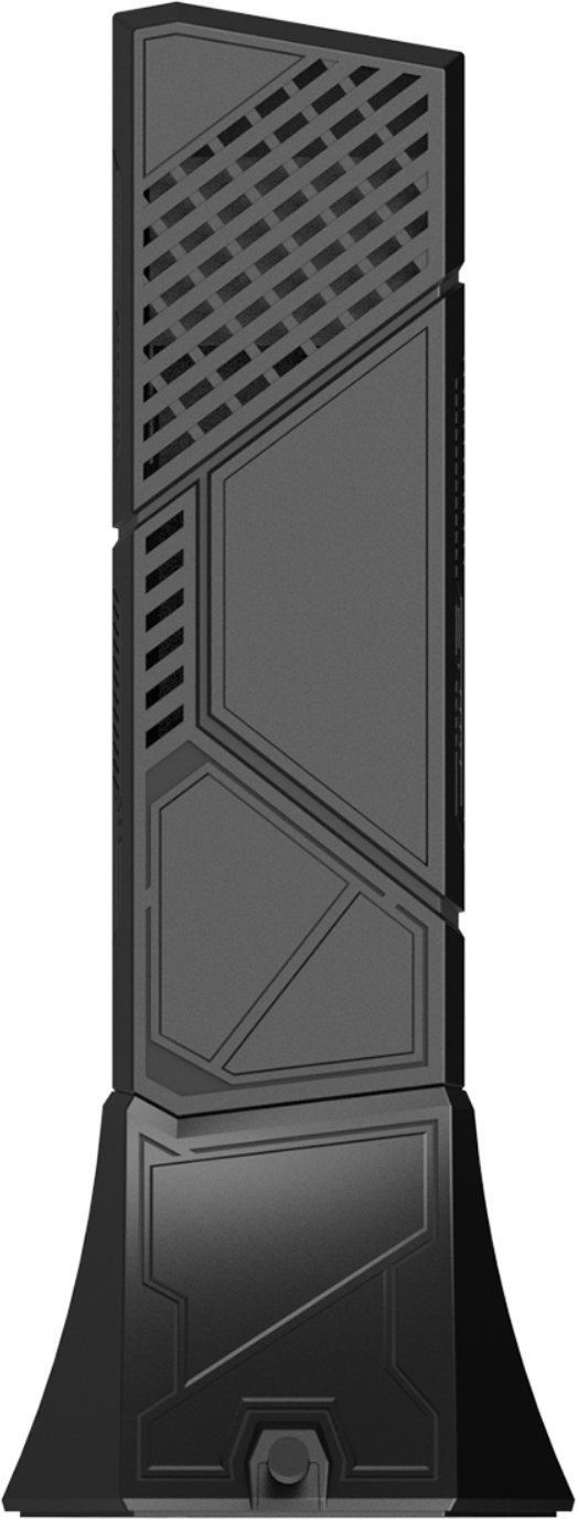 Un dispositivo alto grigio scuro con motivi geometrici. Ha una base, un corpo centrale con prese d'aria e pannelli.