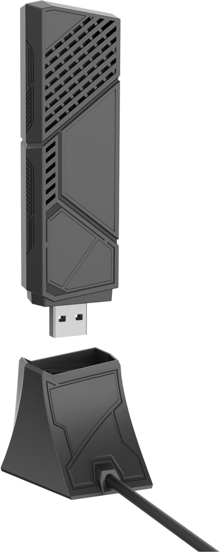 Un dispositivo USB nero con supporto. Il dispositivo ha un design rettangolare con motivi geometrici. Il supporto ha un design simile.