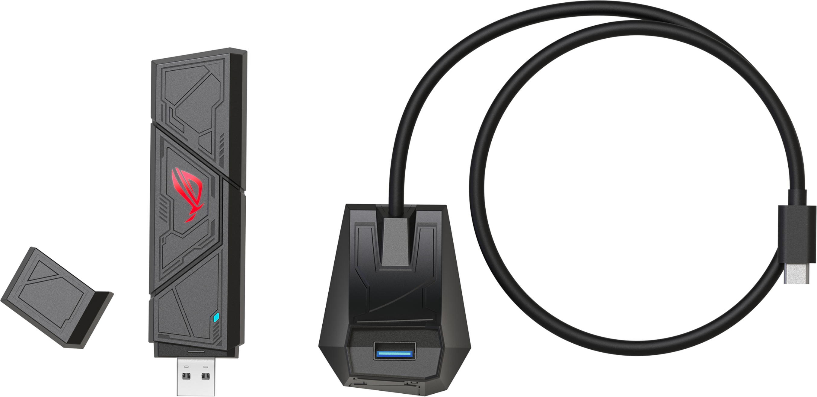 Un dispositivo di gioco ROG nero con porte USB, coperchio rimovibile e base separata con cavo USB-C.