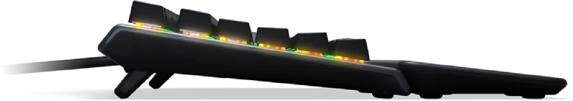 Eine schwarze Tastatur wird von der Seite gezeigt. Die Tasten sind sichtbar, darunter farbige Lichter. Die Tastatur hat Stützbeine.
