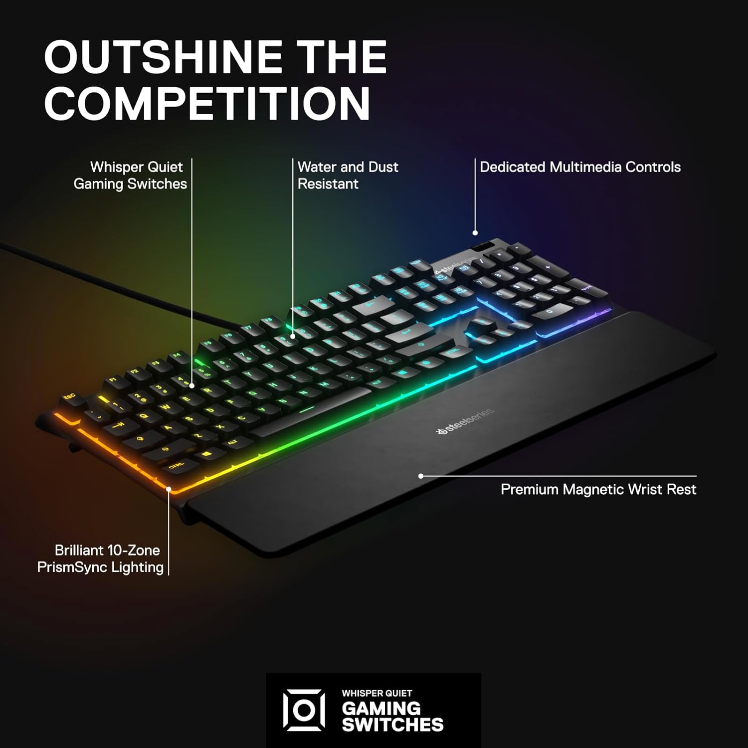 Eine schwarze Gaming-Tastatur mit bunten Lichtern. Zu den Merkmalen gehören leise Schalter, Wasserbeständigkeit, Multimedia-Bedienelemente und eine Handballenauflage.