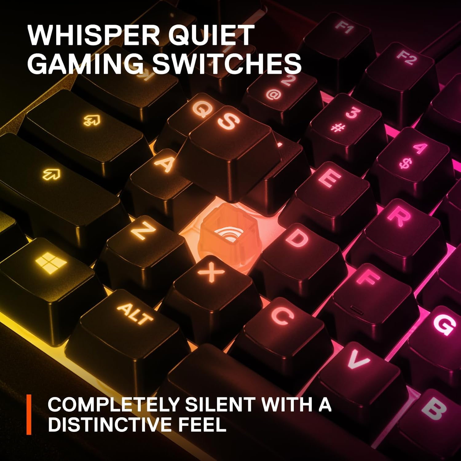Nahaufnahme einer Gaming-Tastatur. Schwarze Tasten mit beleuchteten Buchstaben und Symbolen. Text: Flüsterleise Gaming-Switches, völlig geräuschlos.