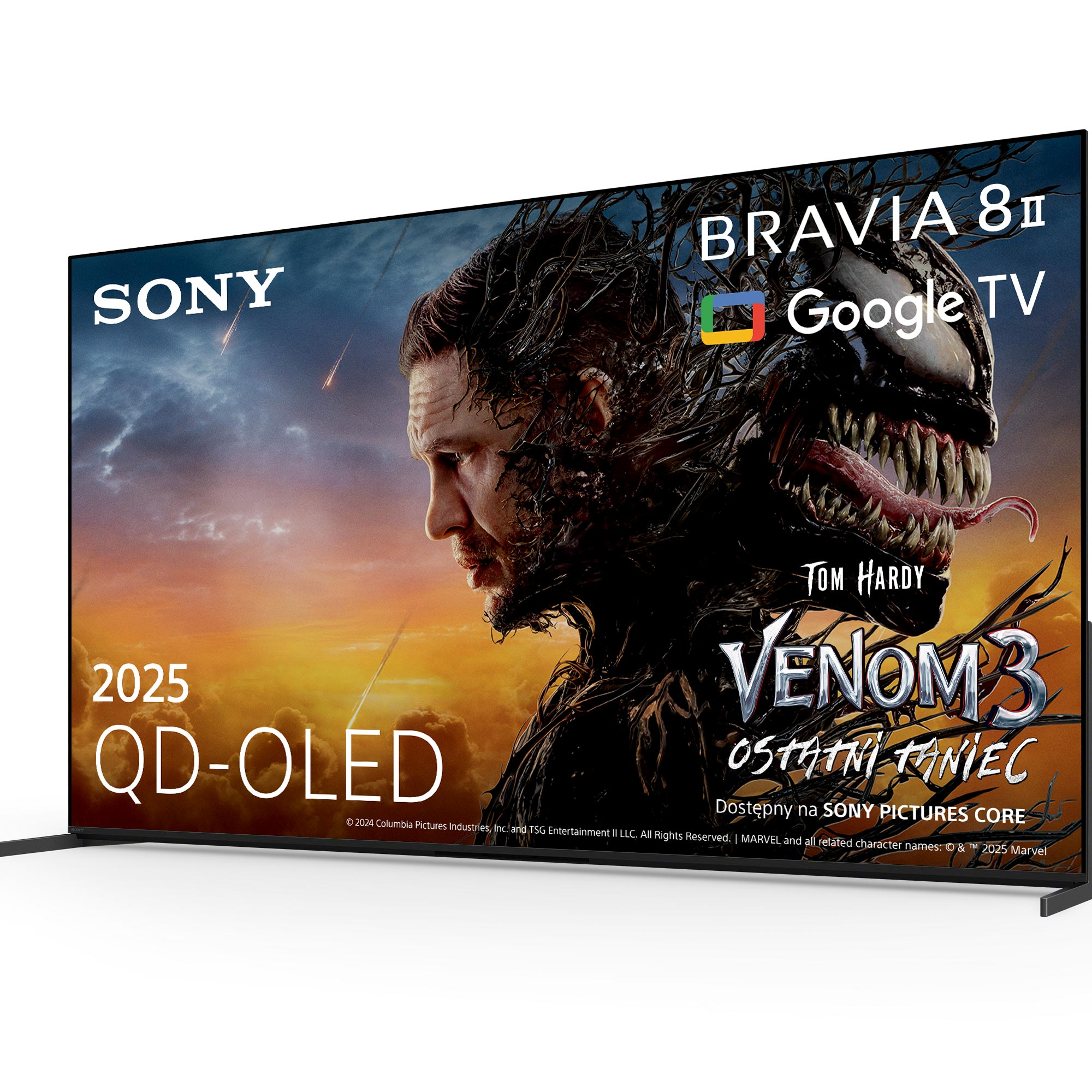 Telewizor Sony Bravia 8II wyświetla plakat filmu Venom 3. Widoczna jest twarz Toma Hardy'ego z symbiontem Venom.