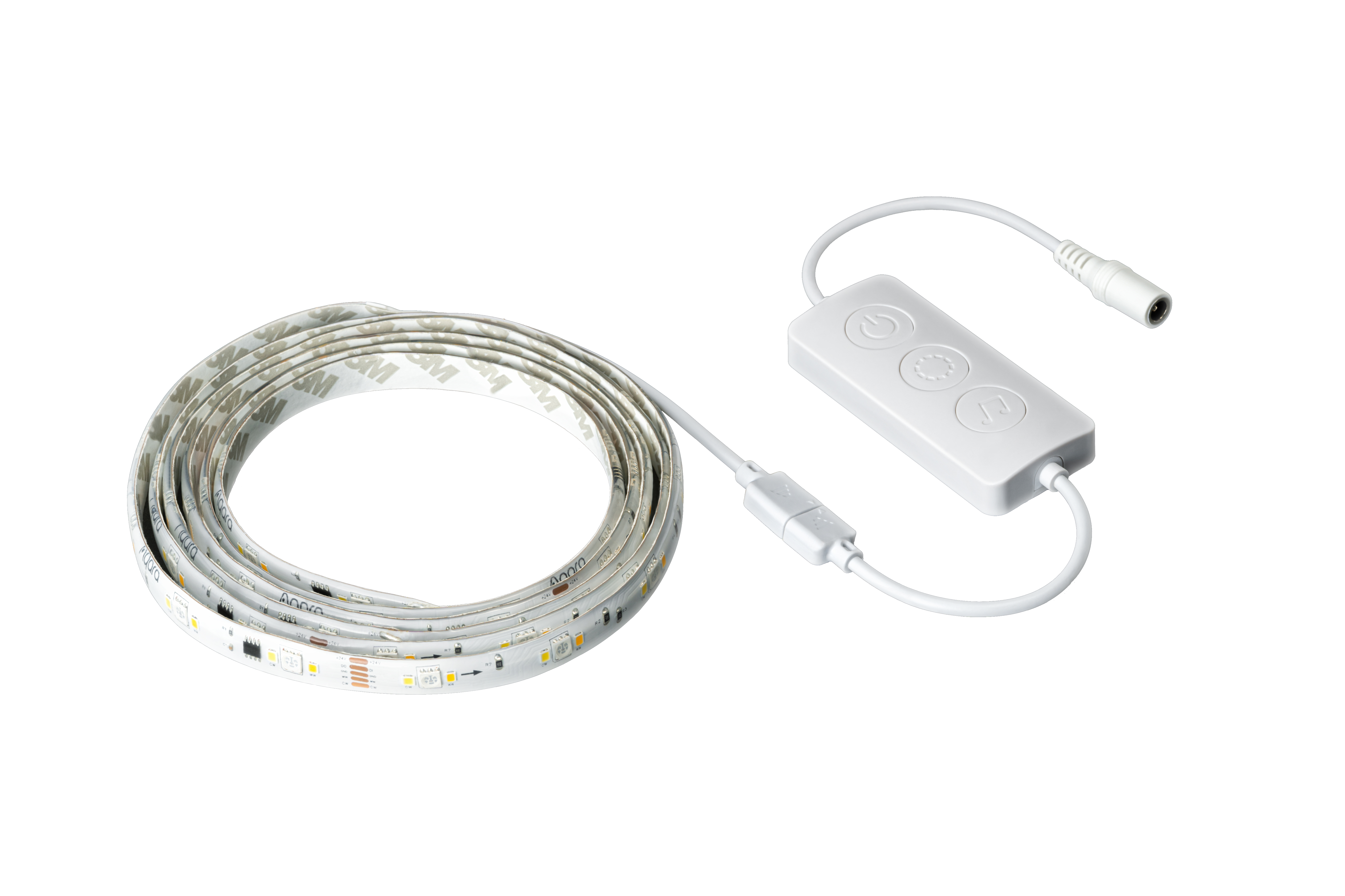 Ein weißes LED-Band mit Steuermodul und Stromanschluss, alles auf weißem Hintergrund.