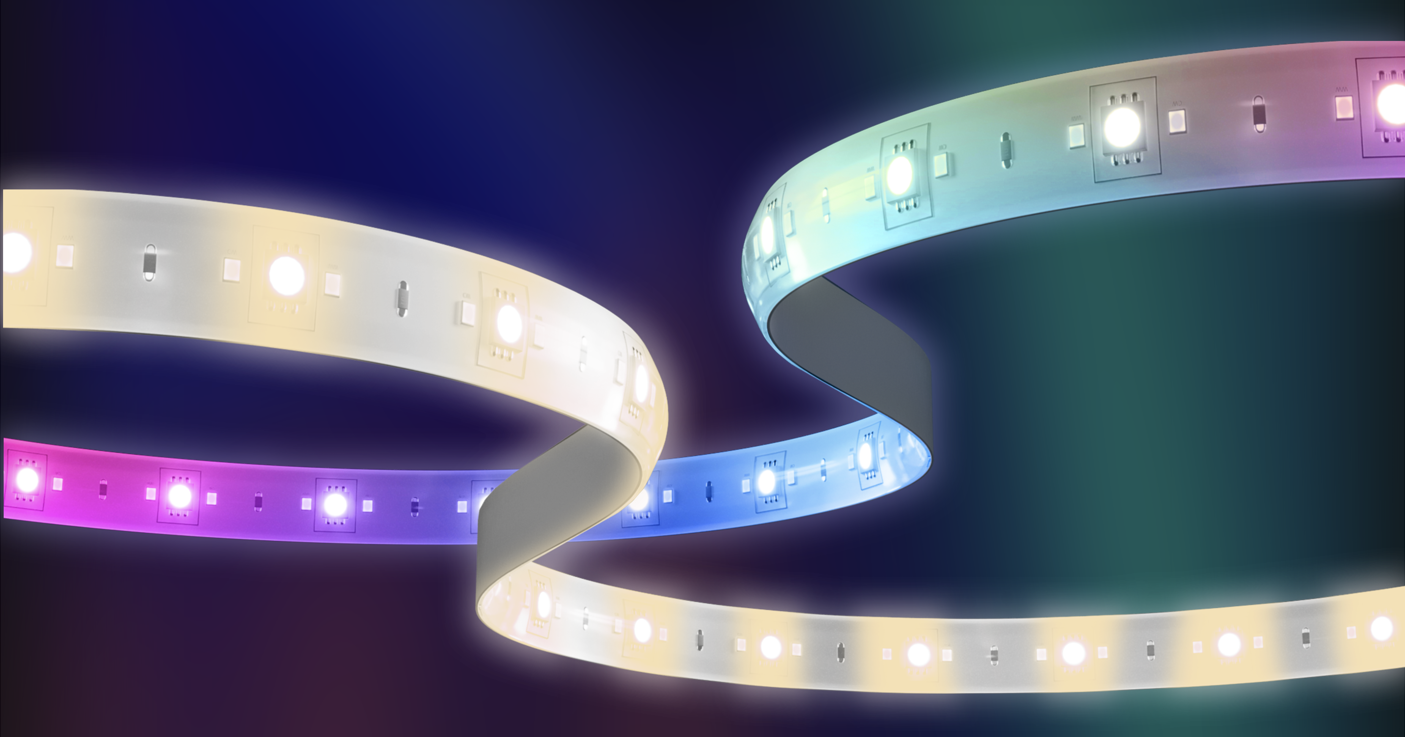 LED-Lichtstreifen in Wellenform. Die Streifen haben mehrere Farben, darunter Gelb, Lila und Blau, mit dunklem Hintergrund.