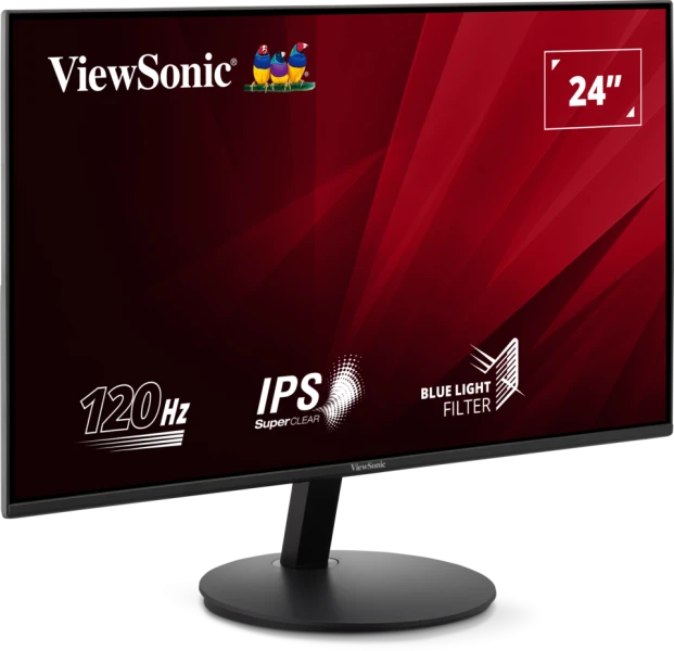 ViewSonic 24" monitor piros háttérrel. Jellemzők: 120Hz, IPS SuperClear, kékfény-szűrő. Fekete állvány és keret.