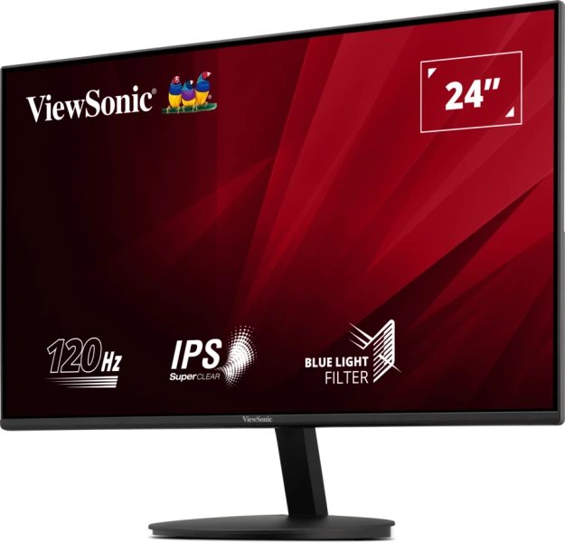 Egy ViewSonic 24"-es monitor fekete állványon. Piros háttérrel rendelkezik, rajta a "120Hz", "IPS" és "Blue Light Filter" szavakkal.