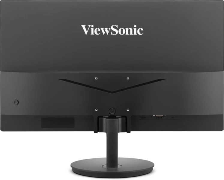Egy ViewSonic monitor hátulja. Fekete, ViewSonic logóval. Állványa és különböző csatlakozók vannak alul.