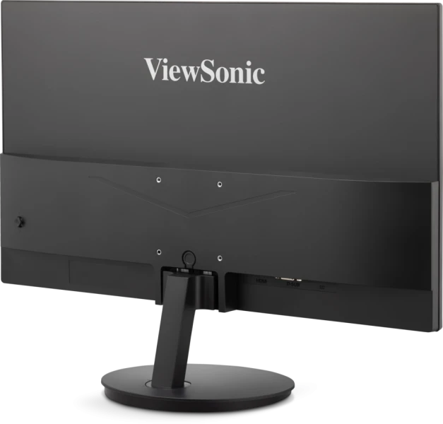 Egy ViewSonic monitor hátulja. Fekete kerete és állványa van. Portok láthatók. A ViewSonic logója felül található.