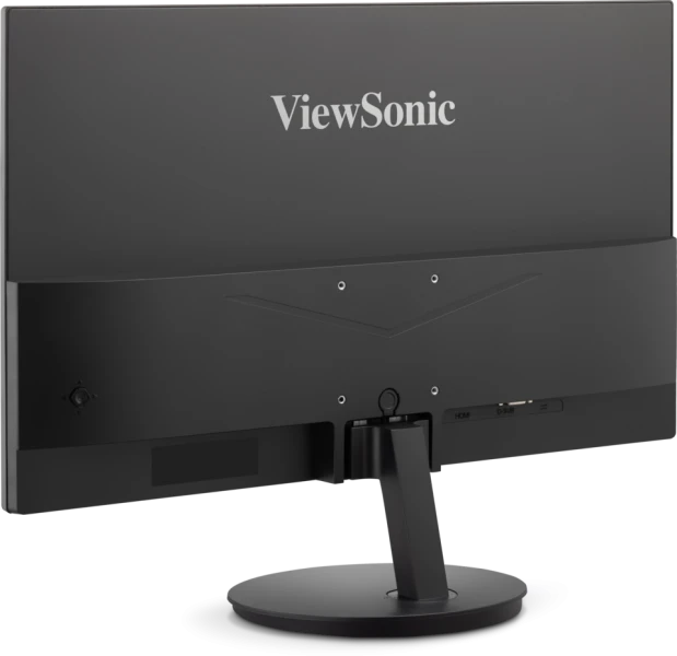 Fekete ViewSonic monitor hátulja. Állvánnyal, portokkal és logóval. A monitor fekete háttéren van.