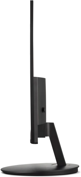 Egy fekete számítógép monitor oldalsó nézete. Vékony kerettel, téglalap alakú testtel és állvánnyal rendelkezik. A háttér fekete.