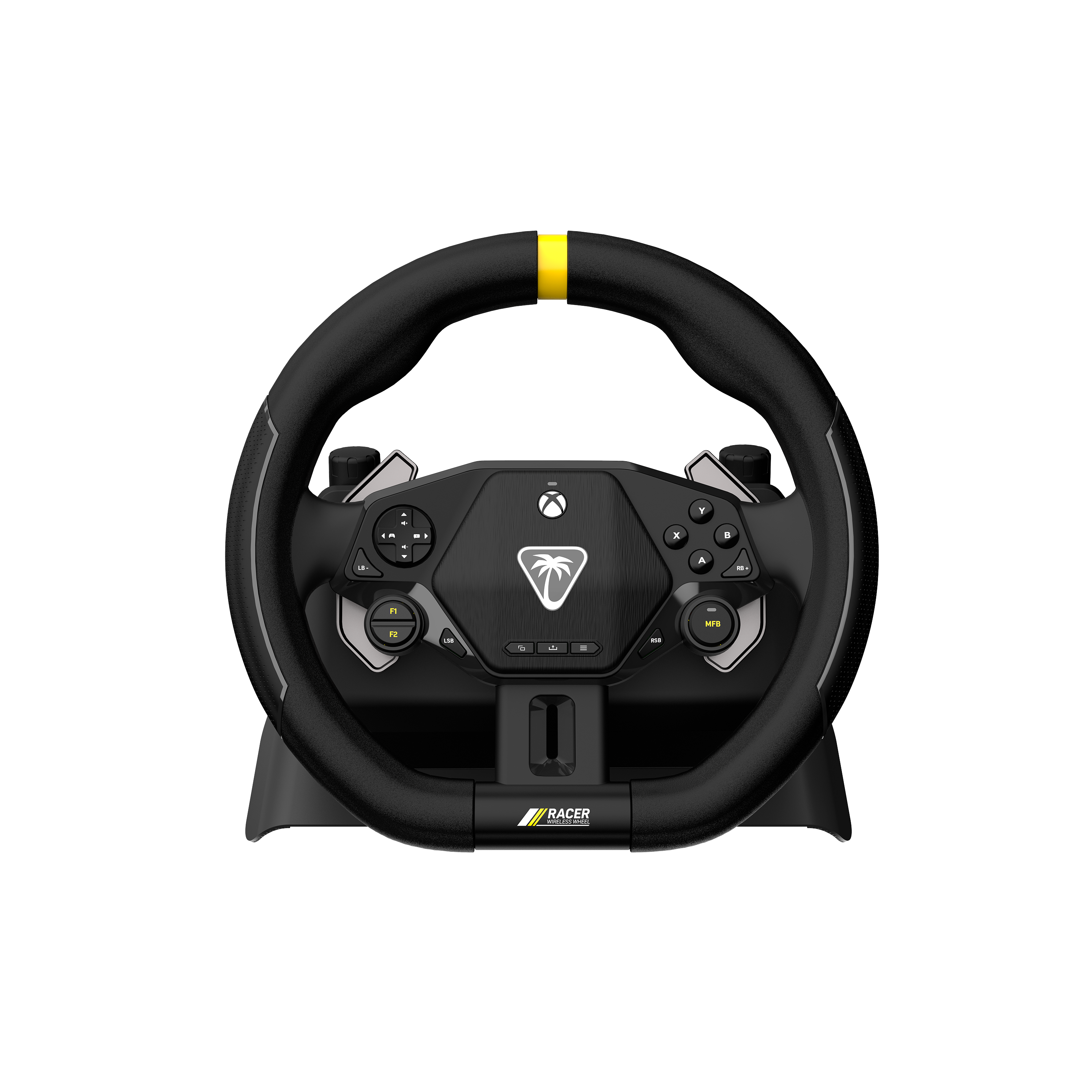 Ein schwarzes und gelbes Rennlenkrad für Xbox. Es hat Knöpfe, ein zentrales Logo und einen gelben Streifen.