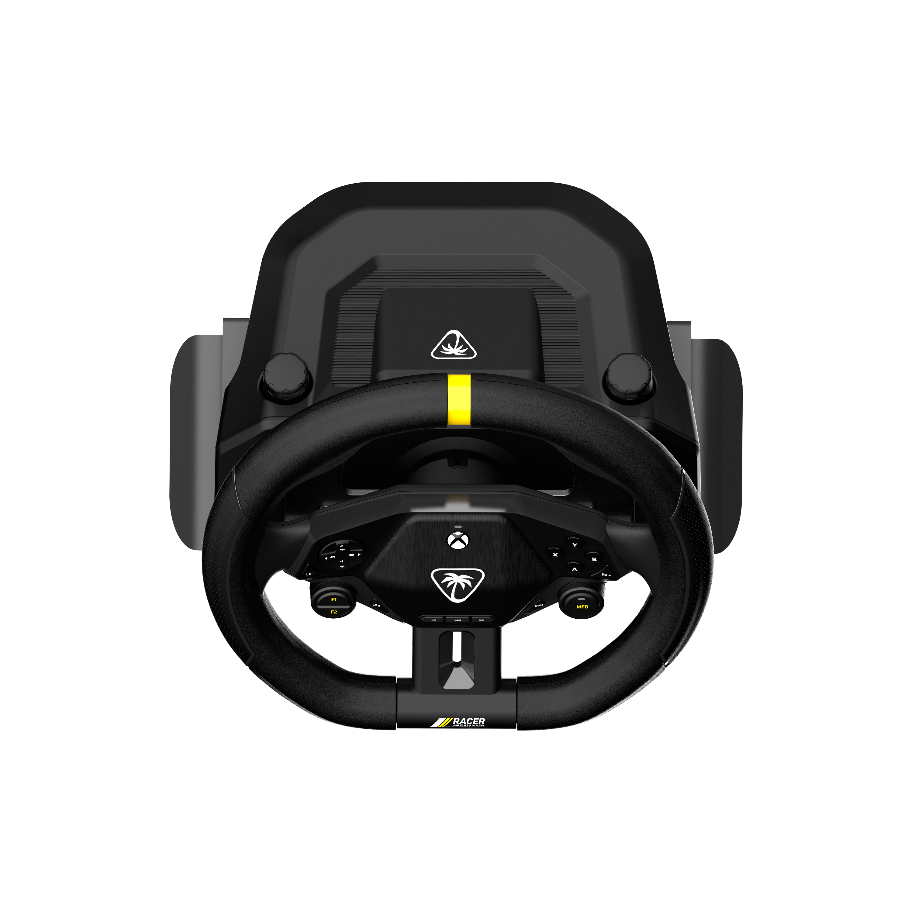 Ein schwarzes Rennlenkrad mit gelbem Streifen, Knöpfen und Logos. Es ist ein kabelloses Turtle Beach Racer-Lenkrad für Xbox.