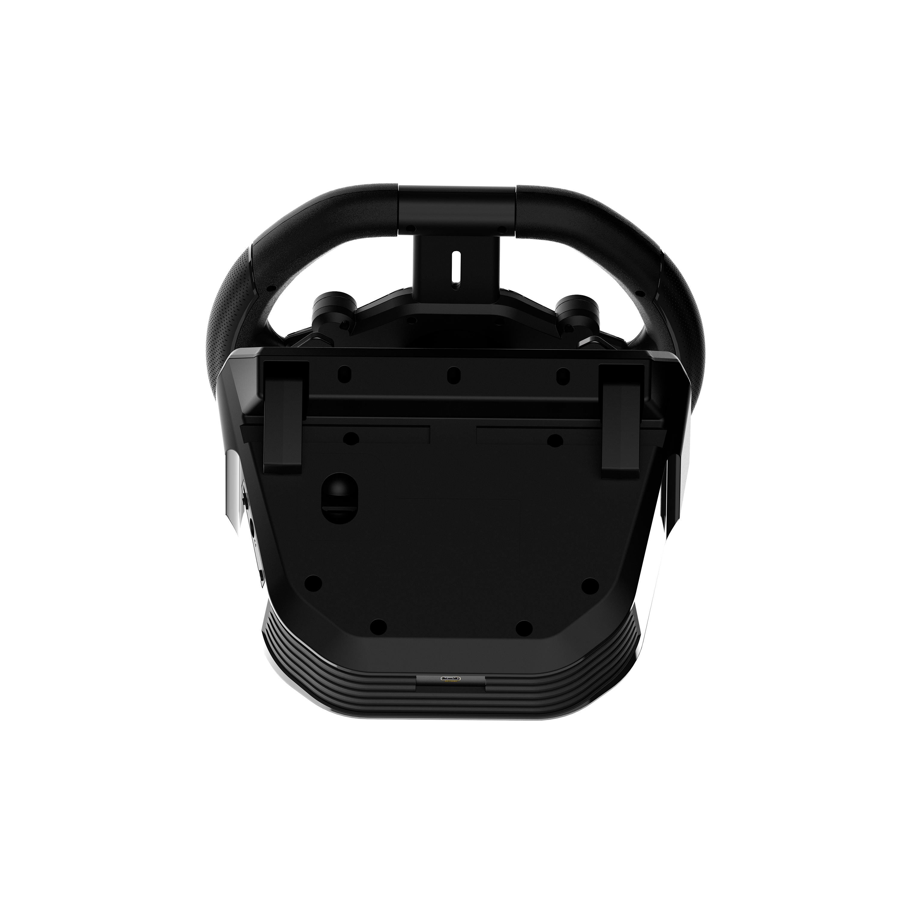 Ein schwarzes Gaming-Lenkrad von unten gesehen. Es hat ein kreisförmiges Design und verschiedene Knöpfe.