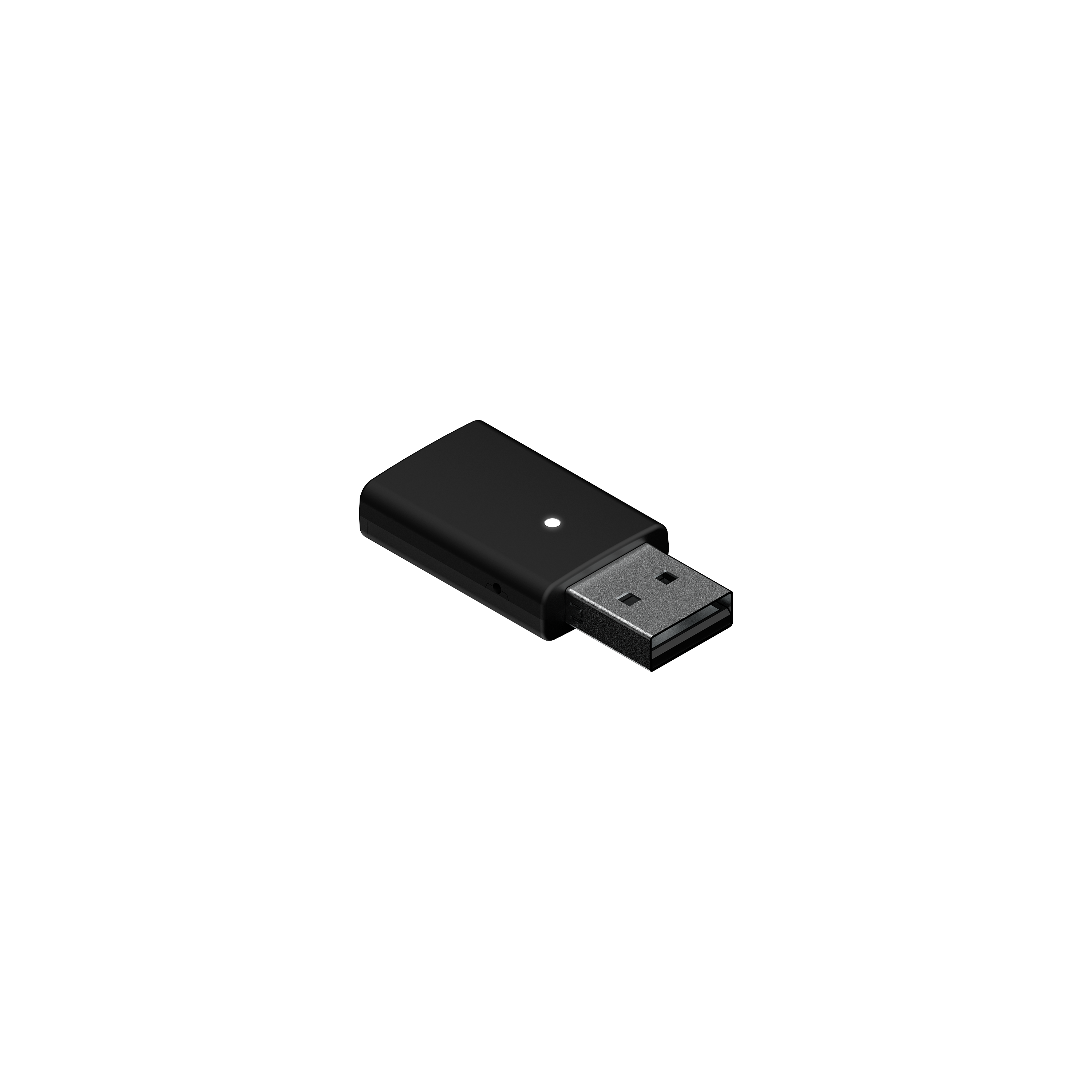 Schwarzer USB-Dongle auf weißem Hintergrund. Er hat einen USB-Anschluss und ein kleines weißes Licht.