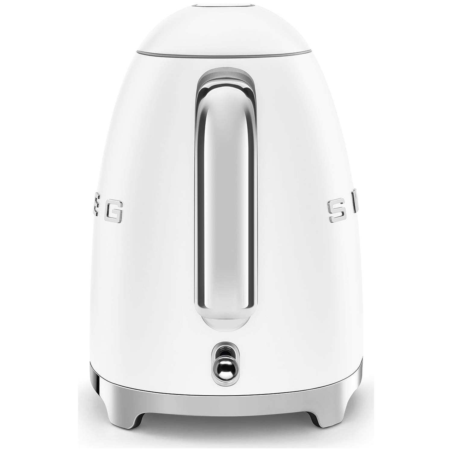 Une bouilloire électrique blanche avec une poignée et une base chromées. La bouilloire a un design lisse et incurvé avec un bouton en bas.