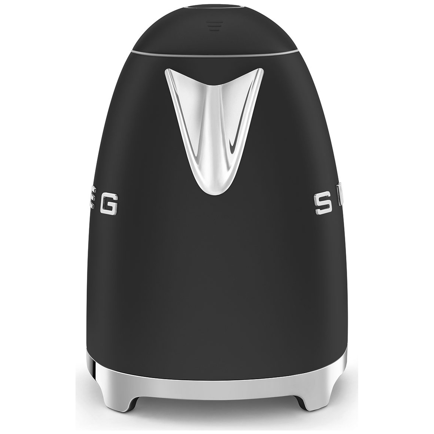 Une bouilloire Smeg noire avec une poignée et une base argentées. Le logo Smeg est visible.