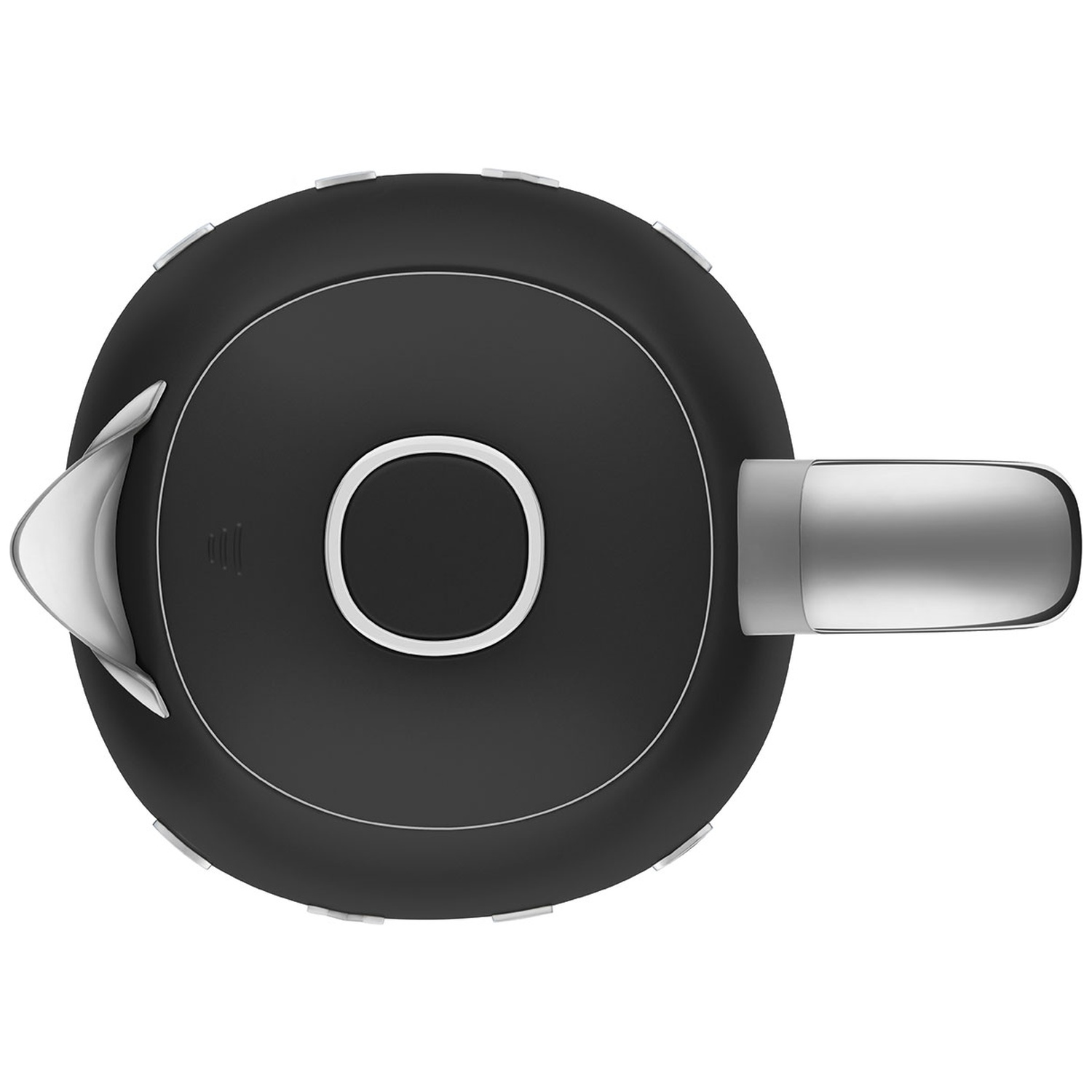 Vue de dessus d'une bouilloire électrique noire avec une poignée et un bec verseur argentés. Elle a un bord blanc et un design circulaire.