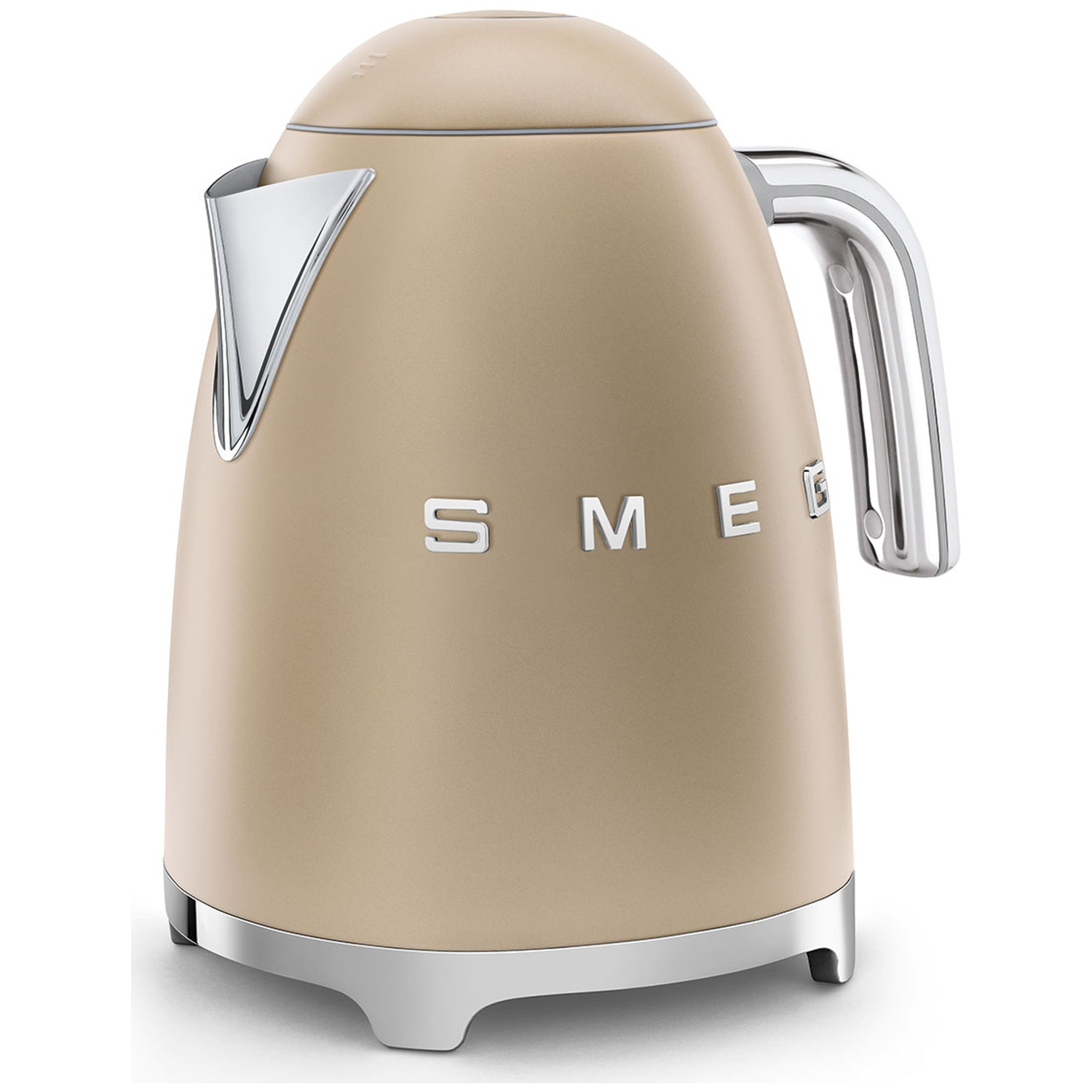 A beige Smeg kettle with chrome accents and handle. The kettle is on a white background.