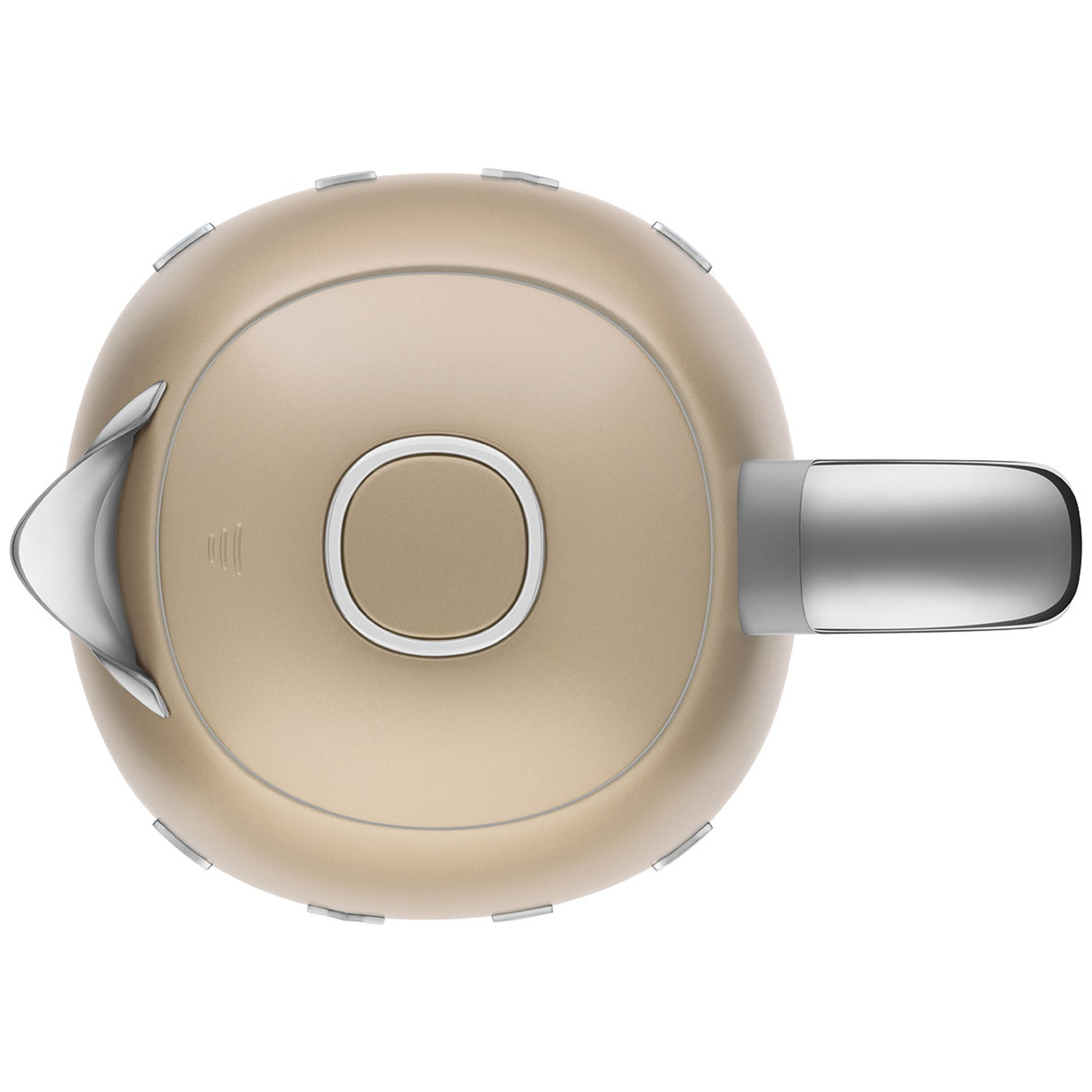 Top view of a gold electric kettle with silver accents. It has a handle, spout, and a round base with a central button.