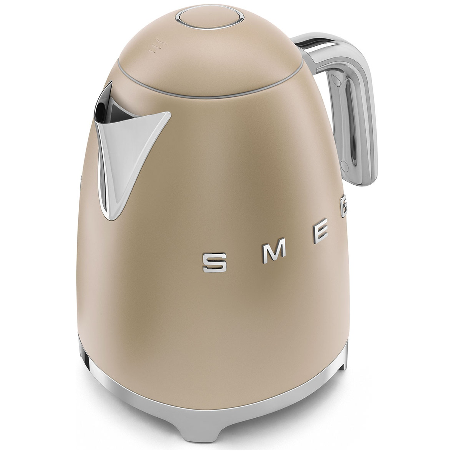 A beige Smeg kettle with a chrome handle and spout. The word 'SME' is displayed on the side. It is set against a white background.