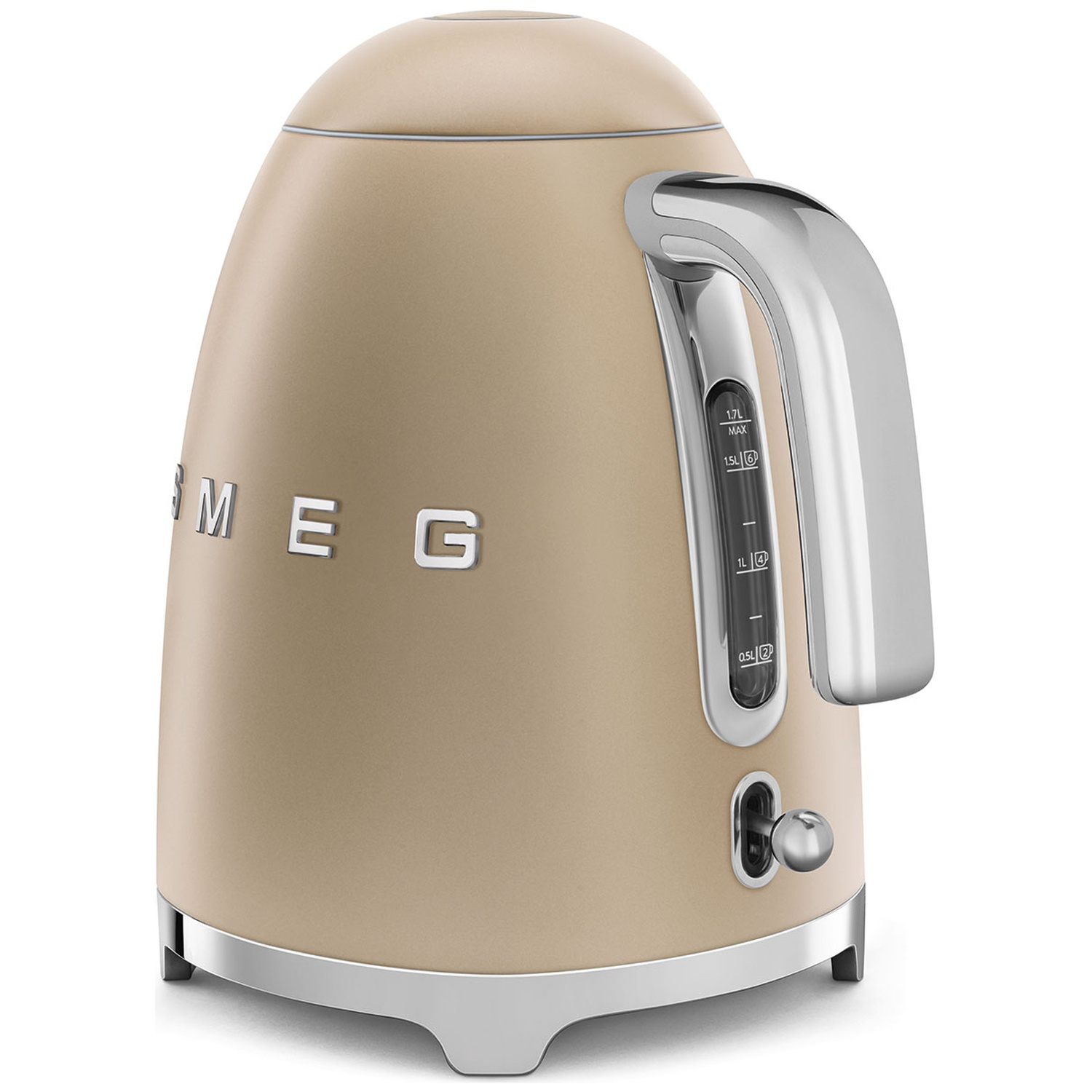 A beige SMEG kettle with a silver handle and base. It features a water level indicator and a power button.