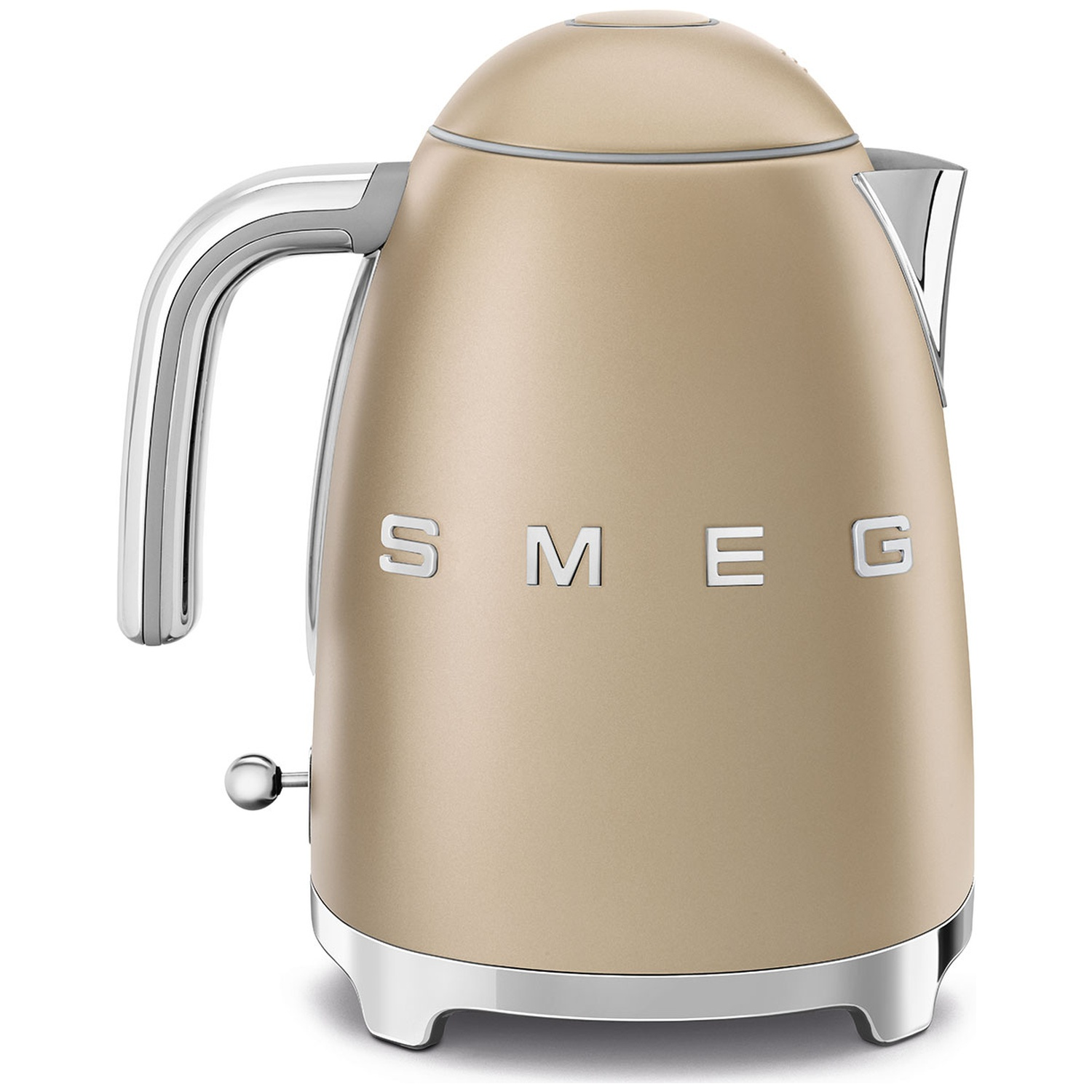 A beige SMEG kettle with chrome handle and base. The SMEG logo is visible. The kettle is on a white background.