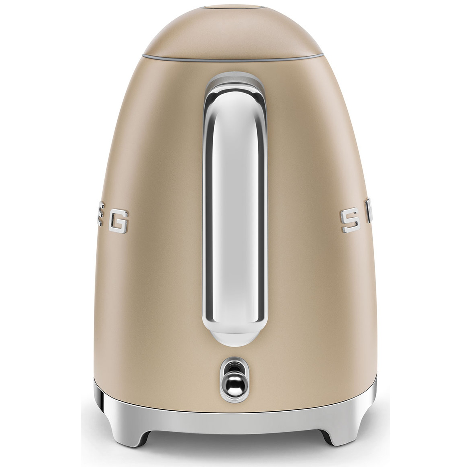 A tan-colored electric kettle with a silver handle, base, and accents. It has a button and the letters 'G' and 'SI' on the sides.
