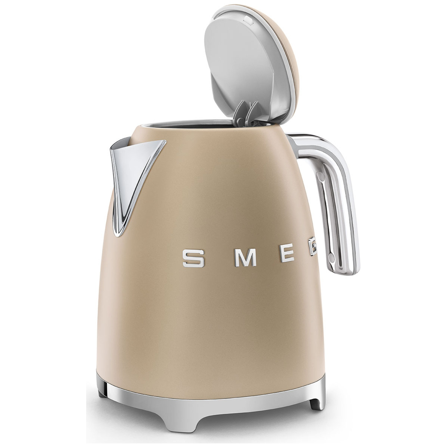 Beige Smeg kettle with open lid, chrome handle and spout, and the word 'SMEG' on its front. It sits on a white surface.
