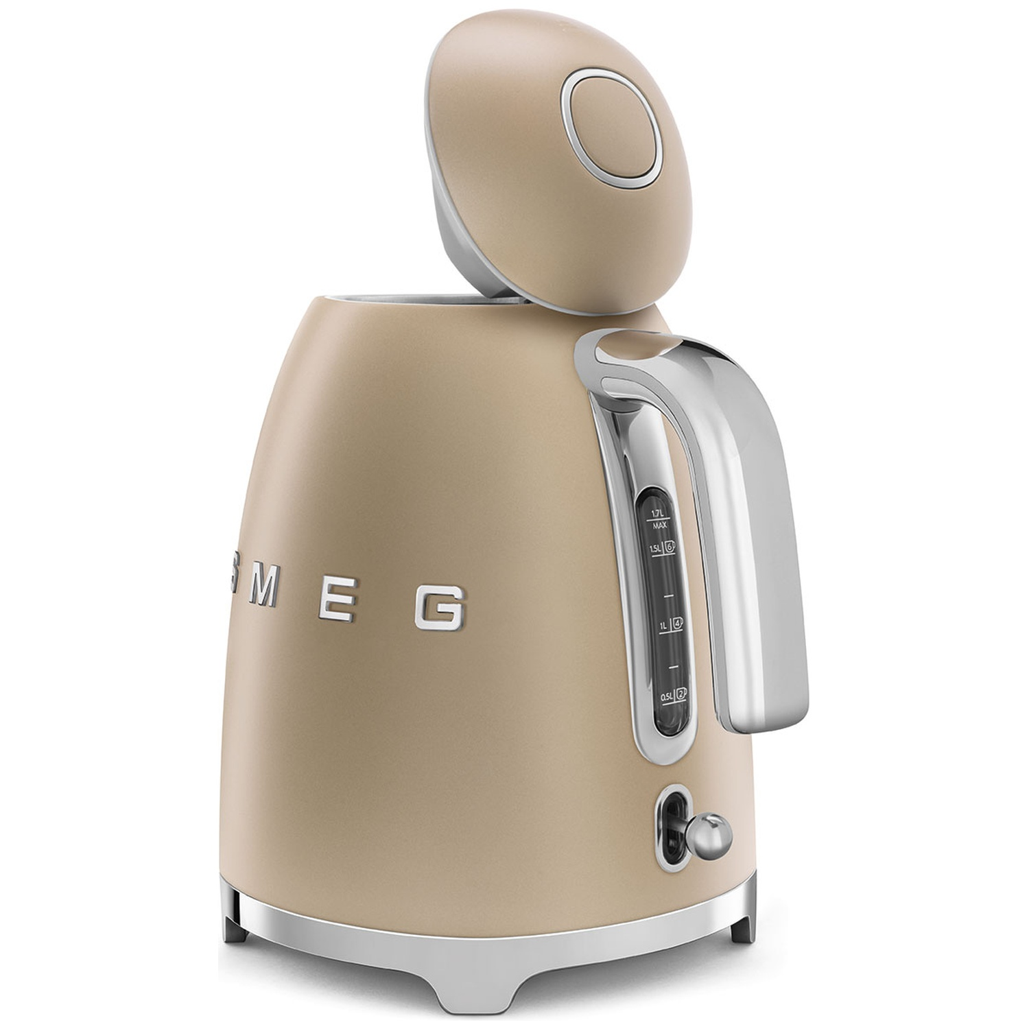 A beige Smeg kettle with an open lid. It has a silver handle and a water level indicator. The base is silver.