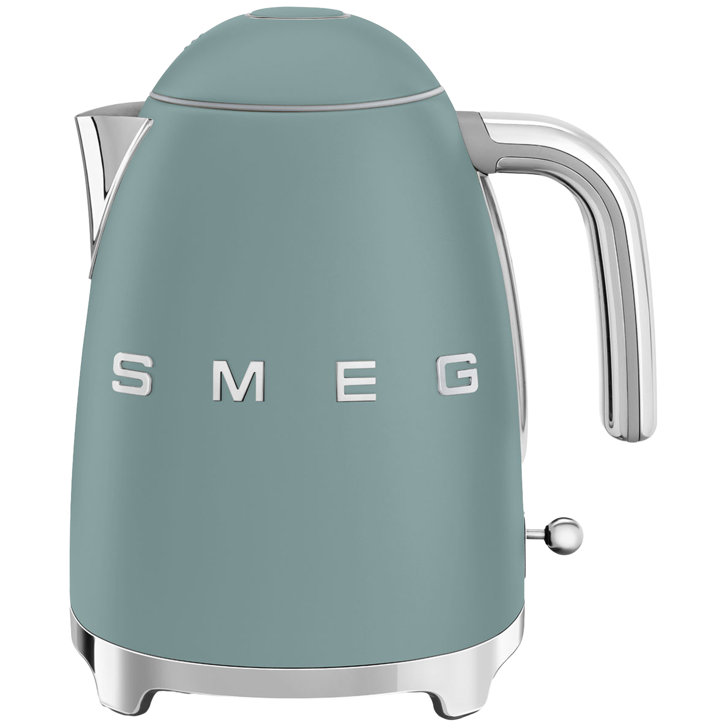 Une bouilloire Smeg turquoise sur fond blanc. Elle a une poignée, un bec et une base chromés. Le nom 'SMEG' est sur le corps de la bouilloire.